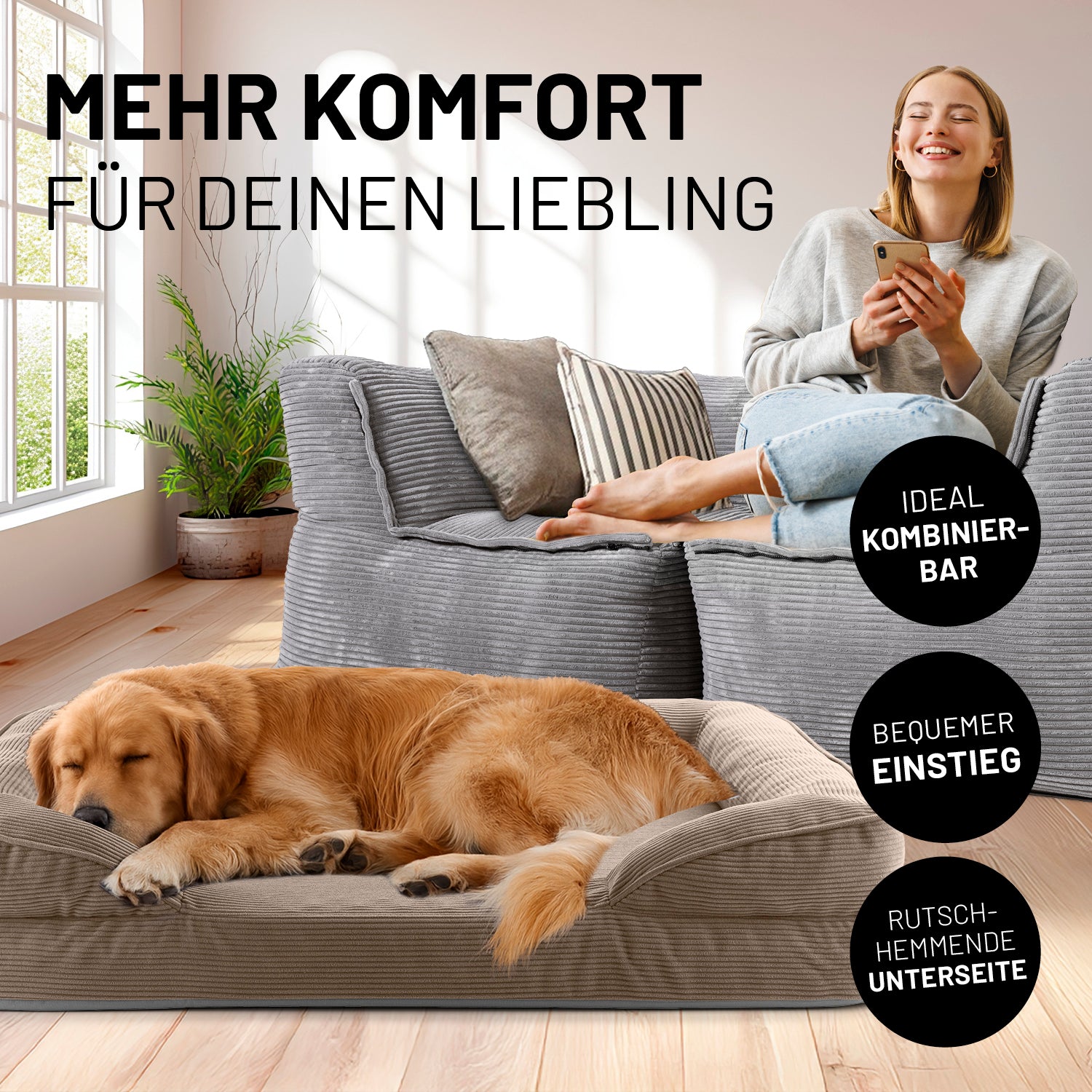 Komfort-Hundebett aus der LUMALAND Cord-Reihe - Gr. L - 110 x 75 cm - Grau