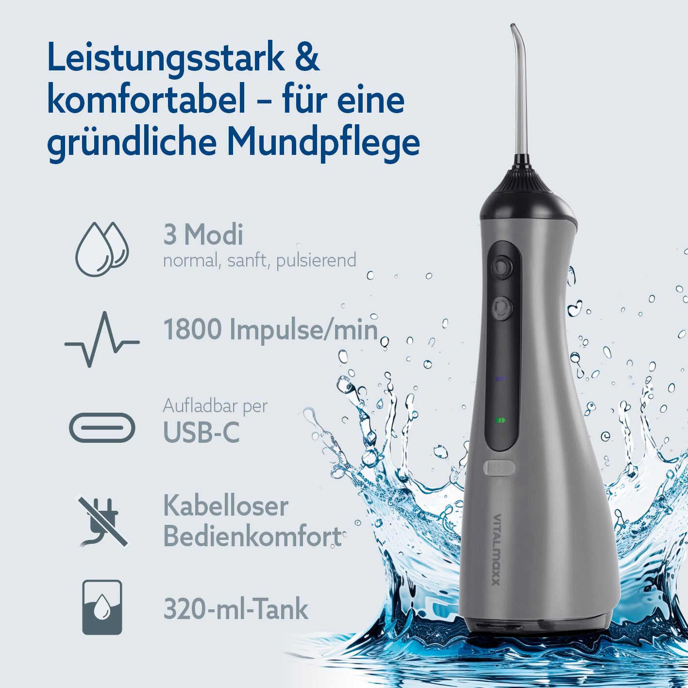 Munddusche mit 8 Multifunktionsaufsätzen, 3 Modi, 1800 Impulse/min, USB-C, kabellos und 320 ml Wassertank für gründliche Pflege