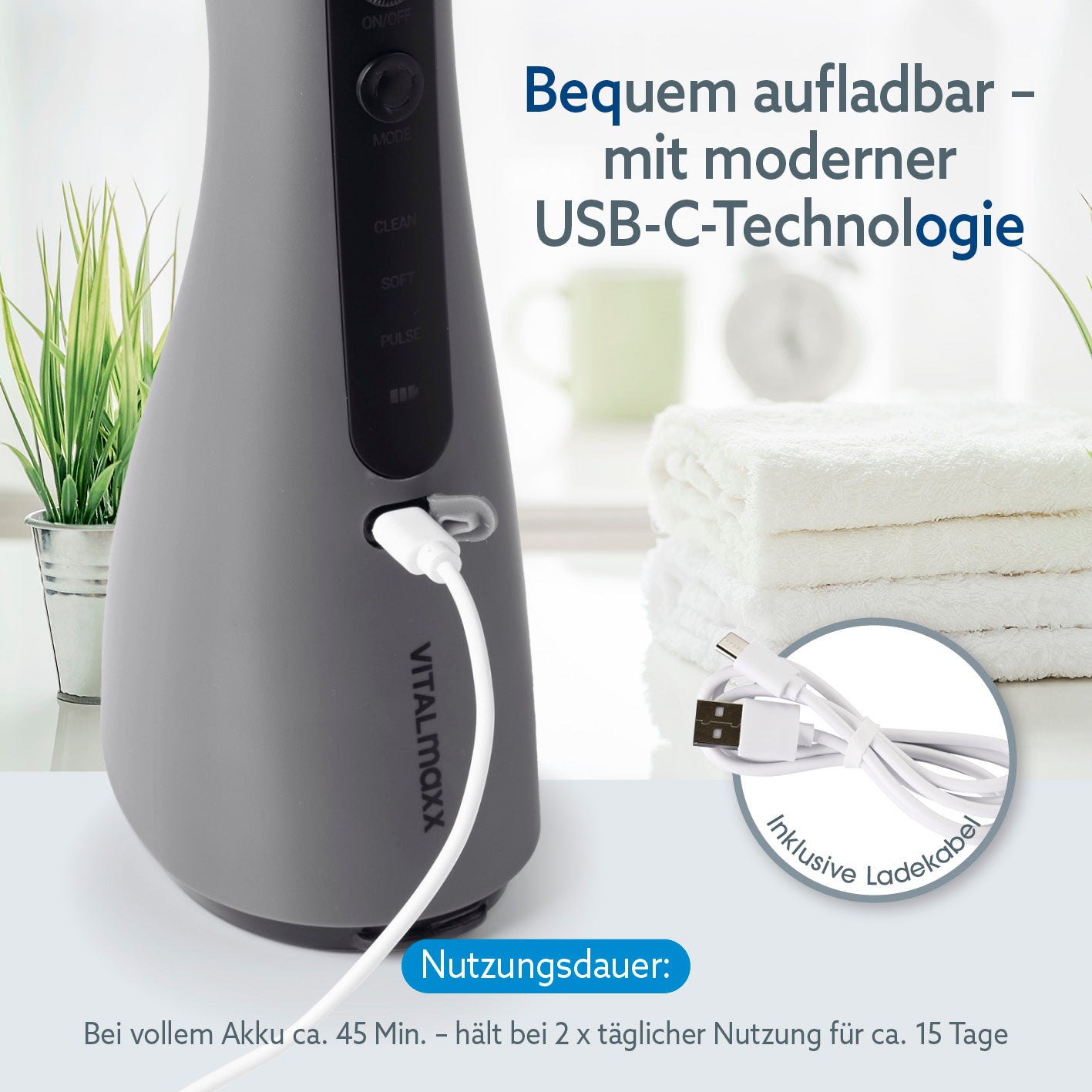 Munddusche mit 8 Multifunktionsaufsätzen mit USB-C-Ladetechnologie und inkl. Ladekabel für einfache und kabellose Nutzung.