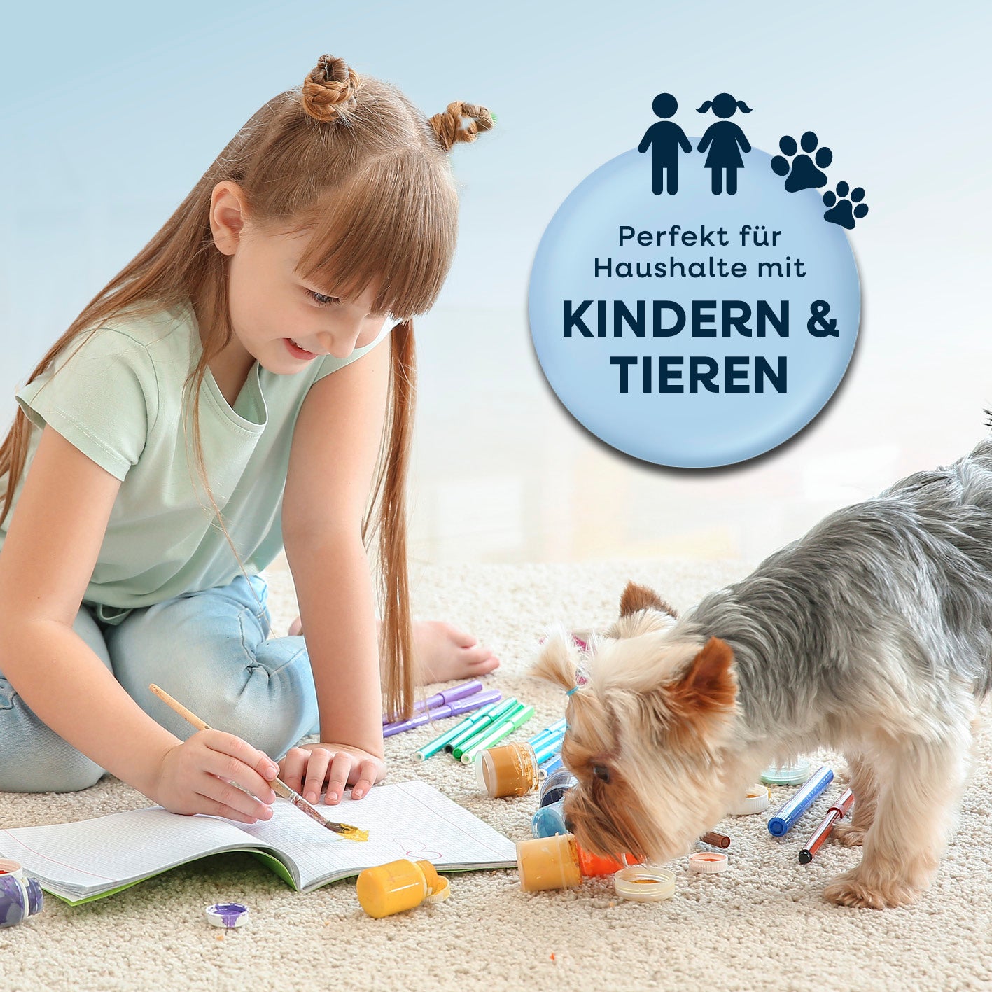 Polster- & Teppichreiniger Pro Power inkl. 1 l Teppich- & Polsterreiniger-Konzentrat - Grau/Rot zeigt Reinigungslösung für Haushalte mit Kindern und Haustieren.
