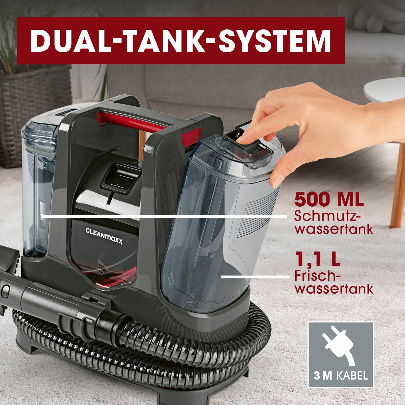Polster- & Teppichreiniger Kompakt Plus - inkl. 1 l Teppich- & Polsterreiniger-Konzentrat mit Dual-Tank-System und 3 Meter Kabel in moderner Ausführung.