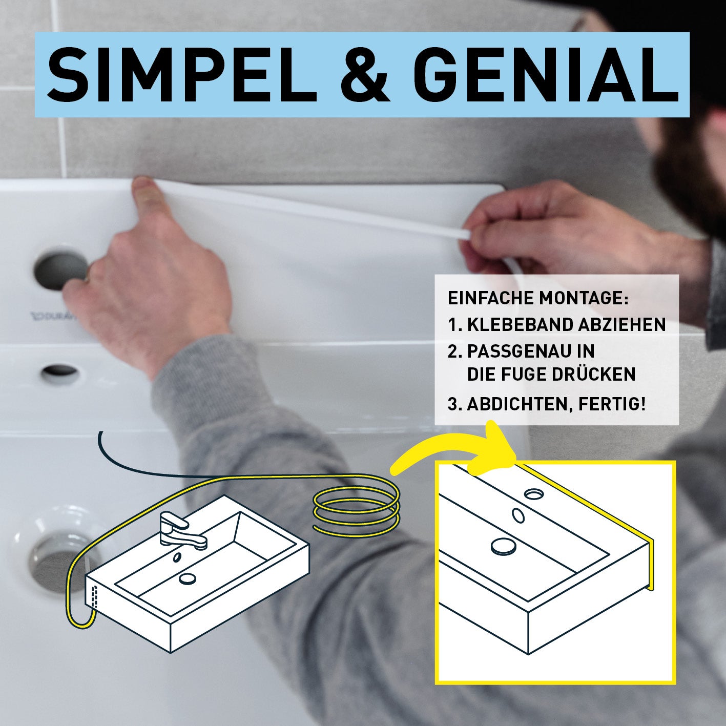 Fugenband Meterware 5 m für Waschtisch/Waschbecken - zuschneidbar, einfache Montage und passgenaue Abdichtung an der Fuge, Bild 3 quadratisch