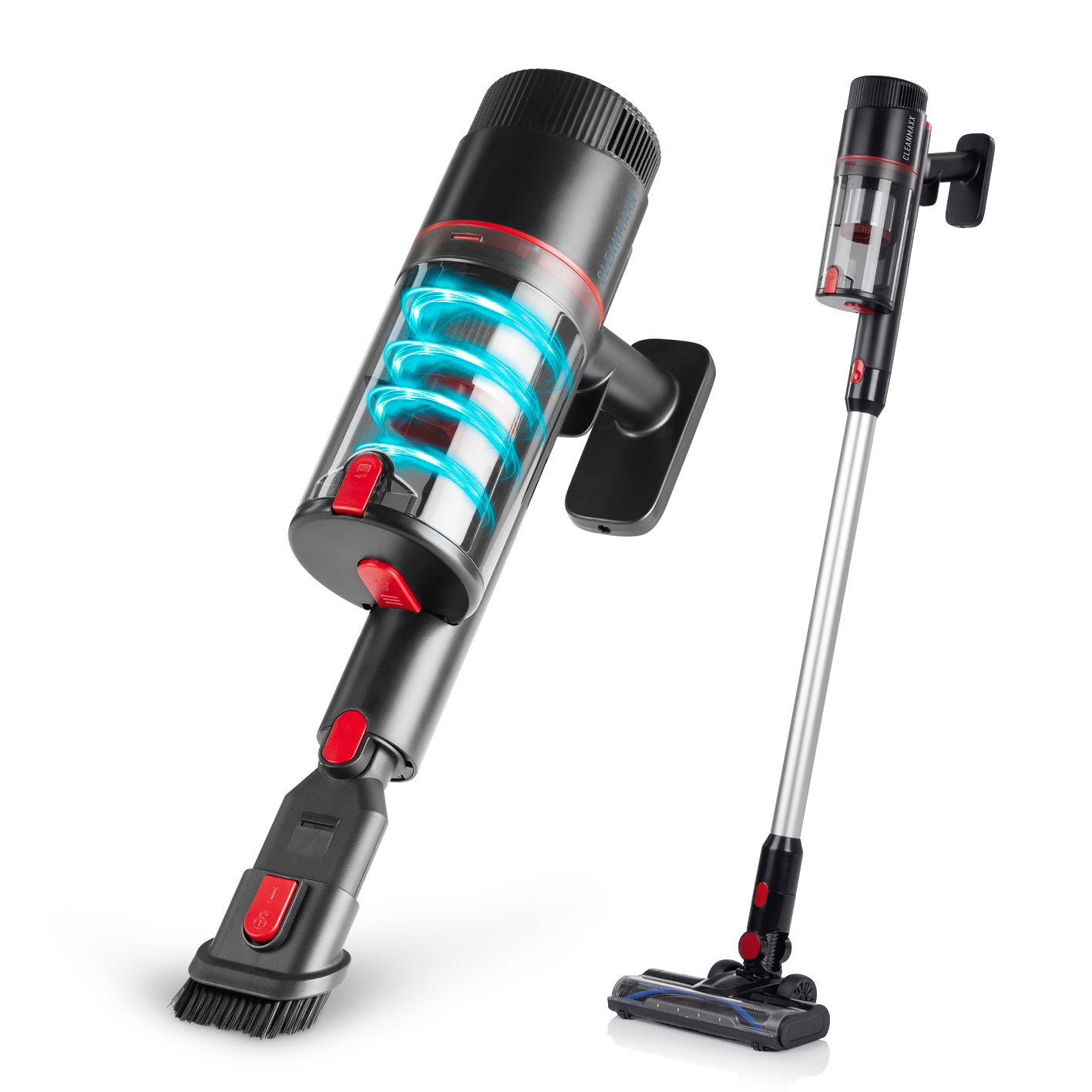 Akku-Zyklon-Staubsauger 22,2V - schwarz/rot mit 2in1-Funktion als Boden- und Handstaubsauger, inklusive Wandhalterung und Mini-Bürste