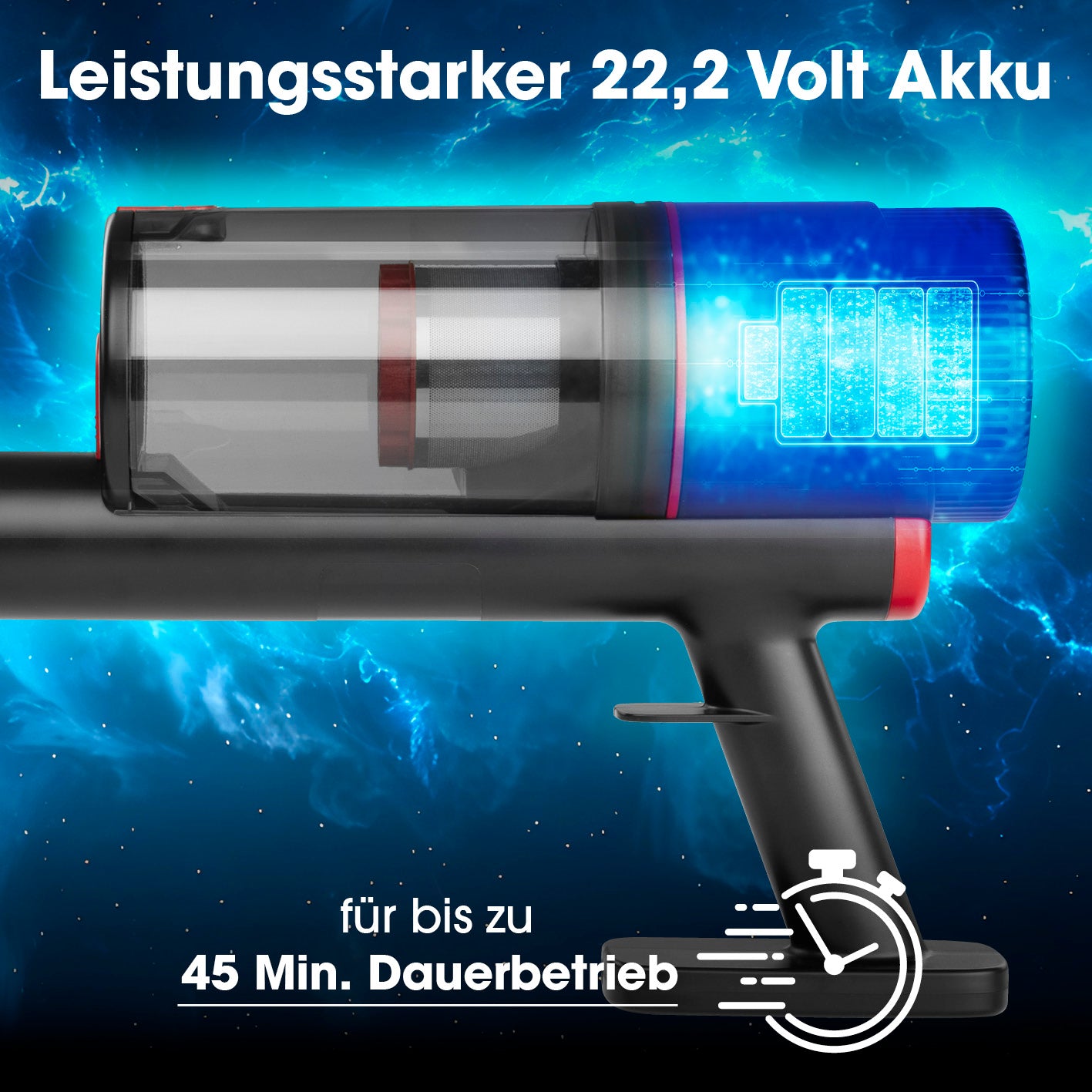 Akku-Zyklon-Staubsauger 22,2V - schwarz/rot mit 22,2 Volt Akku für bis zu 45 Minuten kabellosen Dauereinsatz