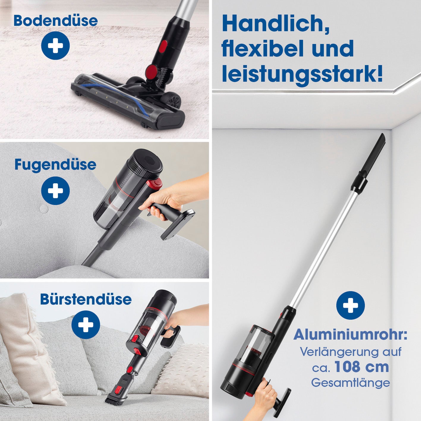 Akku-Zyklon-Staubsauger 22,2V - schwarz/rot mit Bodendüse, Fugendüse, Bürstendüse und 108 cm Aluminium-Verlängerungsrohr