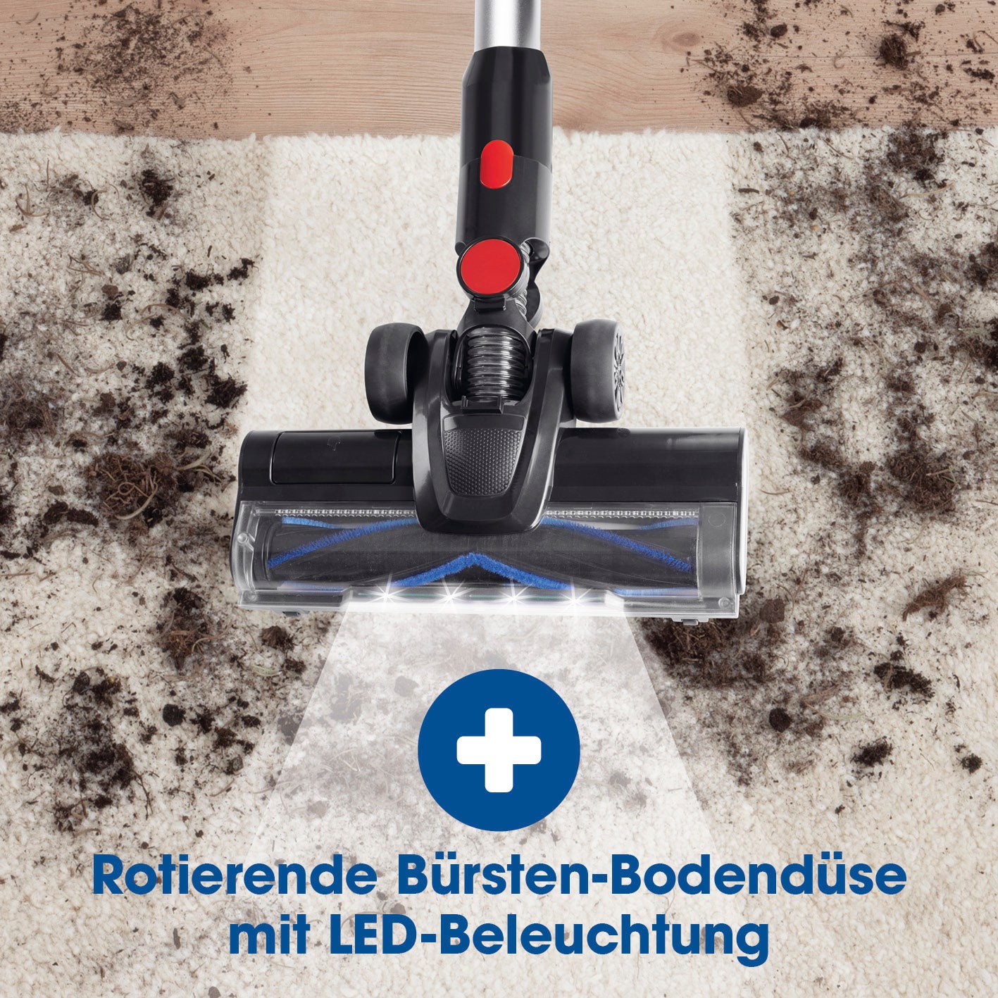 Akku-Zyklon-Staubsauger 22,2V - schwarz/rot mit rotierender Bürsten-Bodendüse und LED-Beleuchtung für gründliche Reinigung