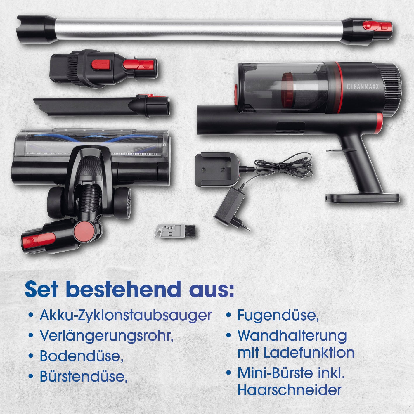 Akku-Zyklon-Staubsauger 22,2V - schwarz/rot mit Verlängerungsrohr, Bodendüse, Fugendüse, Mini-Bürste und Wandhalterung inklusive Ladefunktion