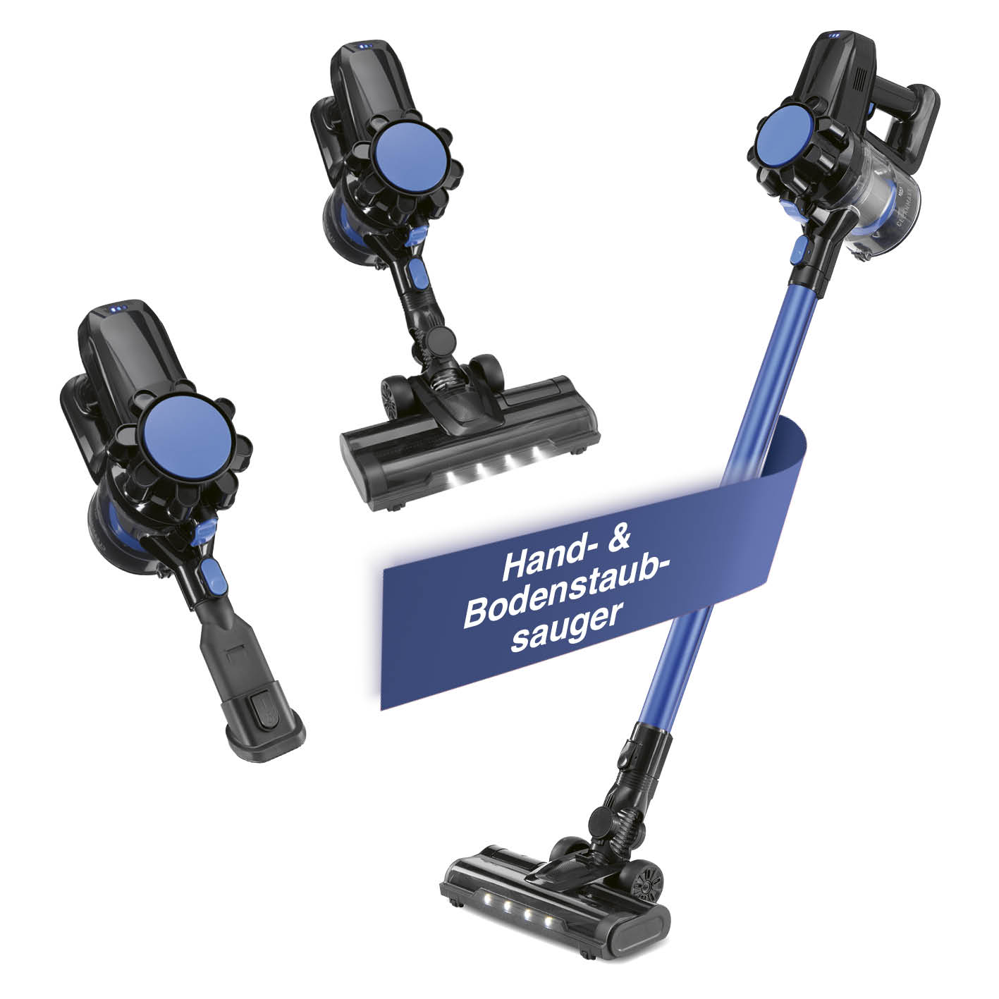 Akku-Zyklonstaubsauger 2IN1 mit Verlängerungsrohr, gelbtem Haarschneider und LED-Licht in quadratischer Aufnahme 1417x1417px