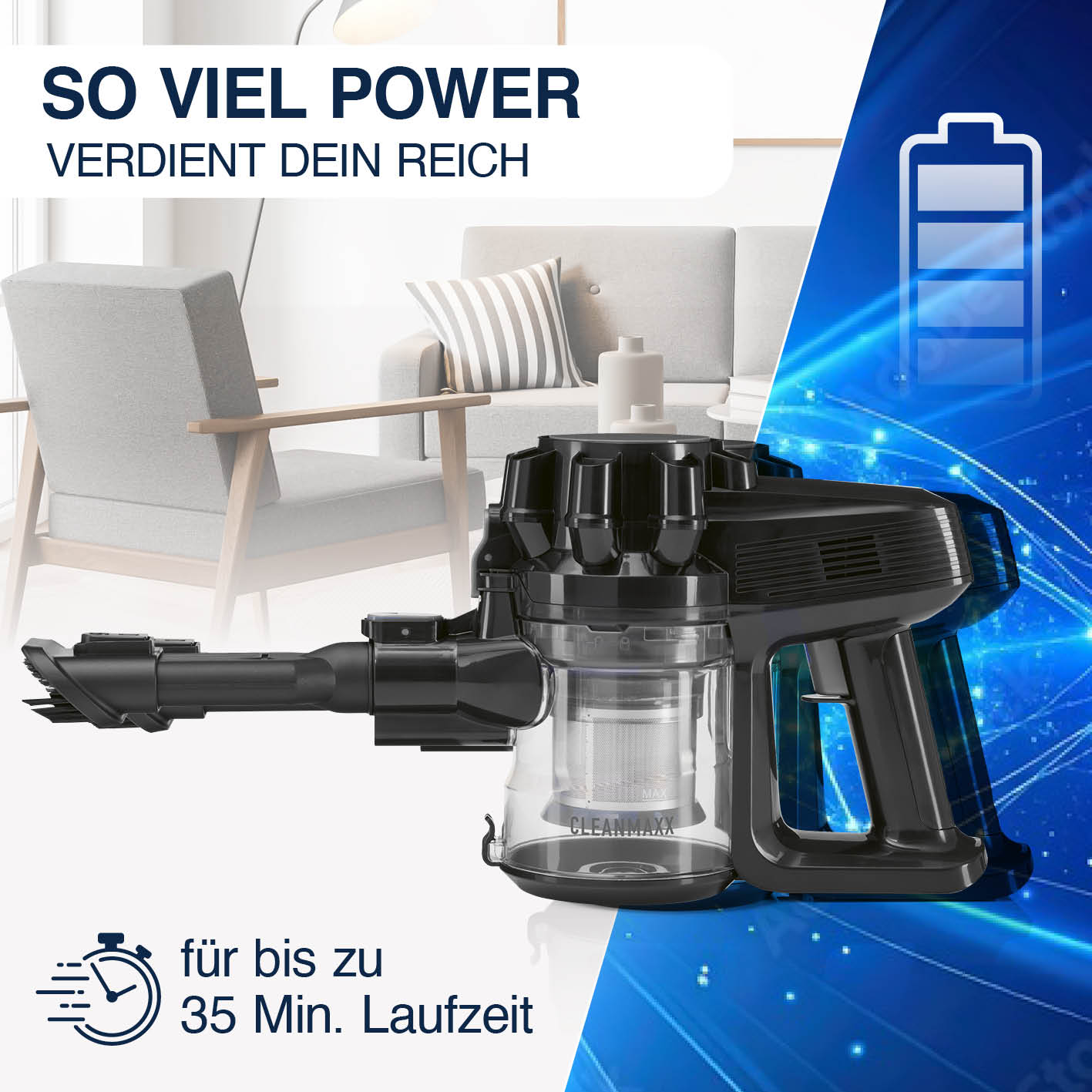 Akku-Zyklonstaubsauger in Galerieposition 3, quadratisch, zeigt kabellose Handstaubsaugerfunktion mit 35 Minuten Laufzeit.