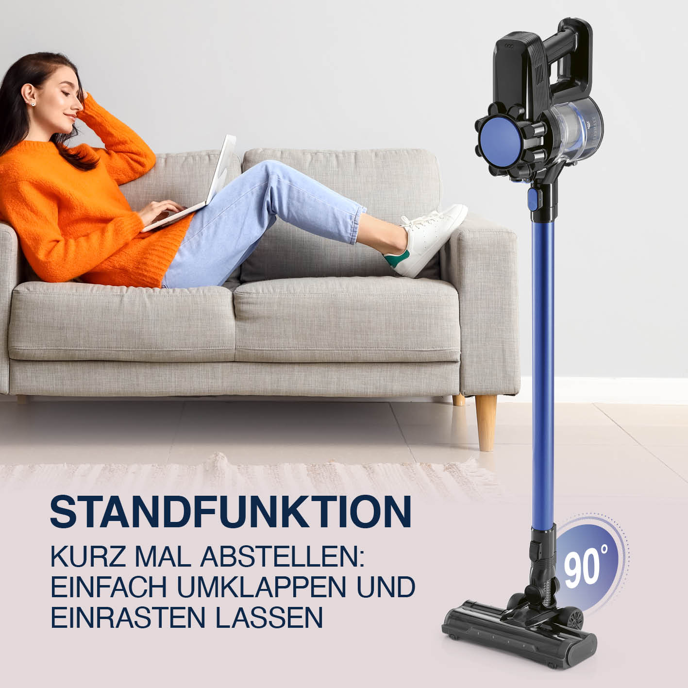 Akku-Zyklonstaubsauger steht stabil mit umklappbarer Düse bei Bild 6 der Produktgalerie quadratisch 1417x1417px