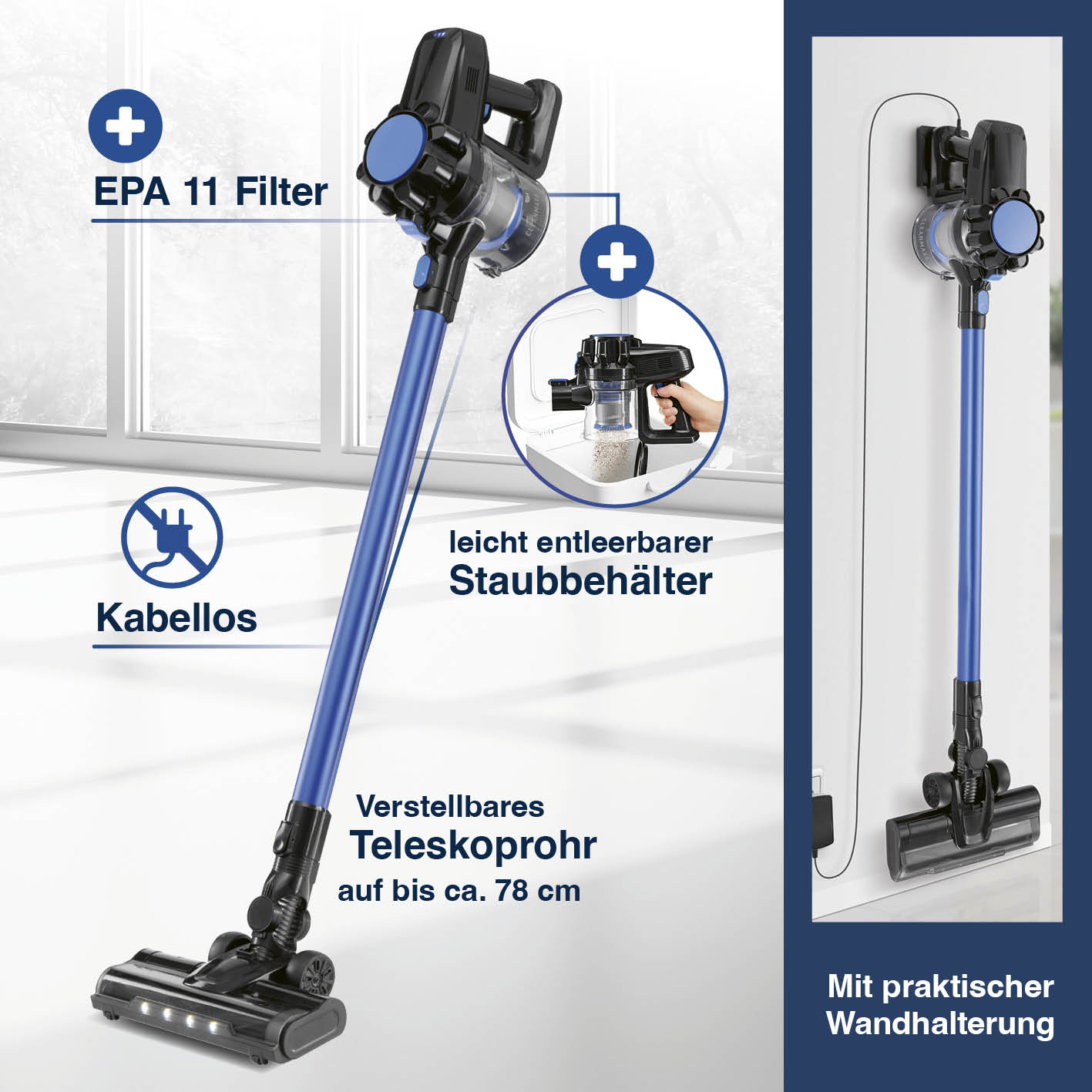 Akku-Zyklonstaubsauger mit verstellbarem Teleskoprohr, kabellos, EPA 11 Filter, abnehmbarer Staubbehälter, Wandhalterung, Galeriebild 8 quadratisch