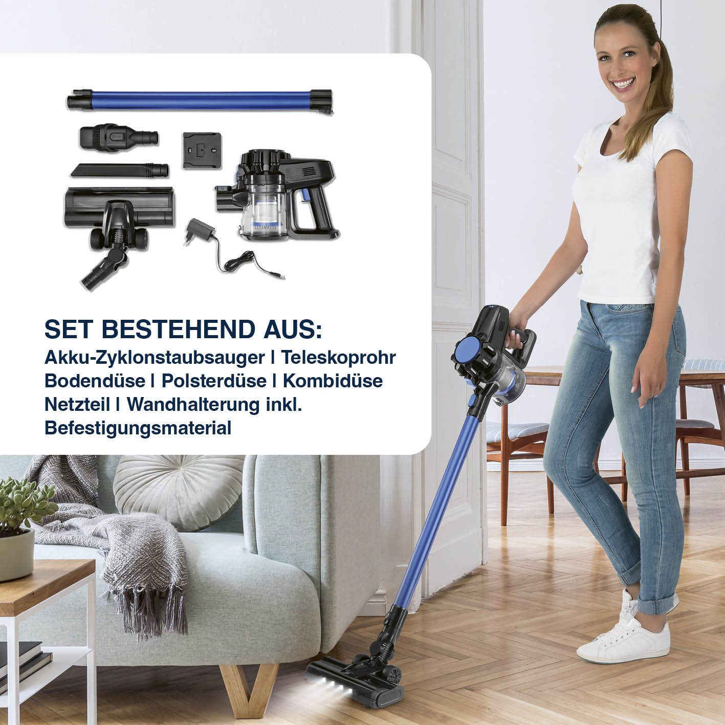 Akku-Zyklonstaubsauger mit Zubehör auf weißem Hintergrund, Frau nutzt das Gerät im modernen Wohnzimmer, Galeriebild 9