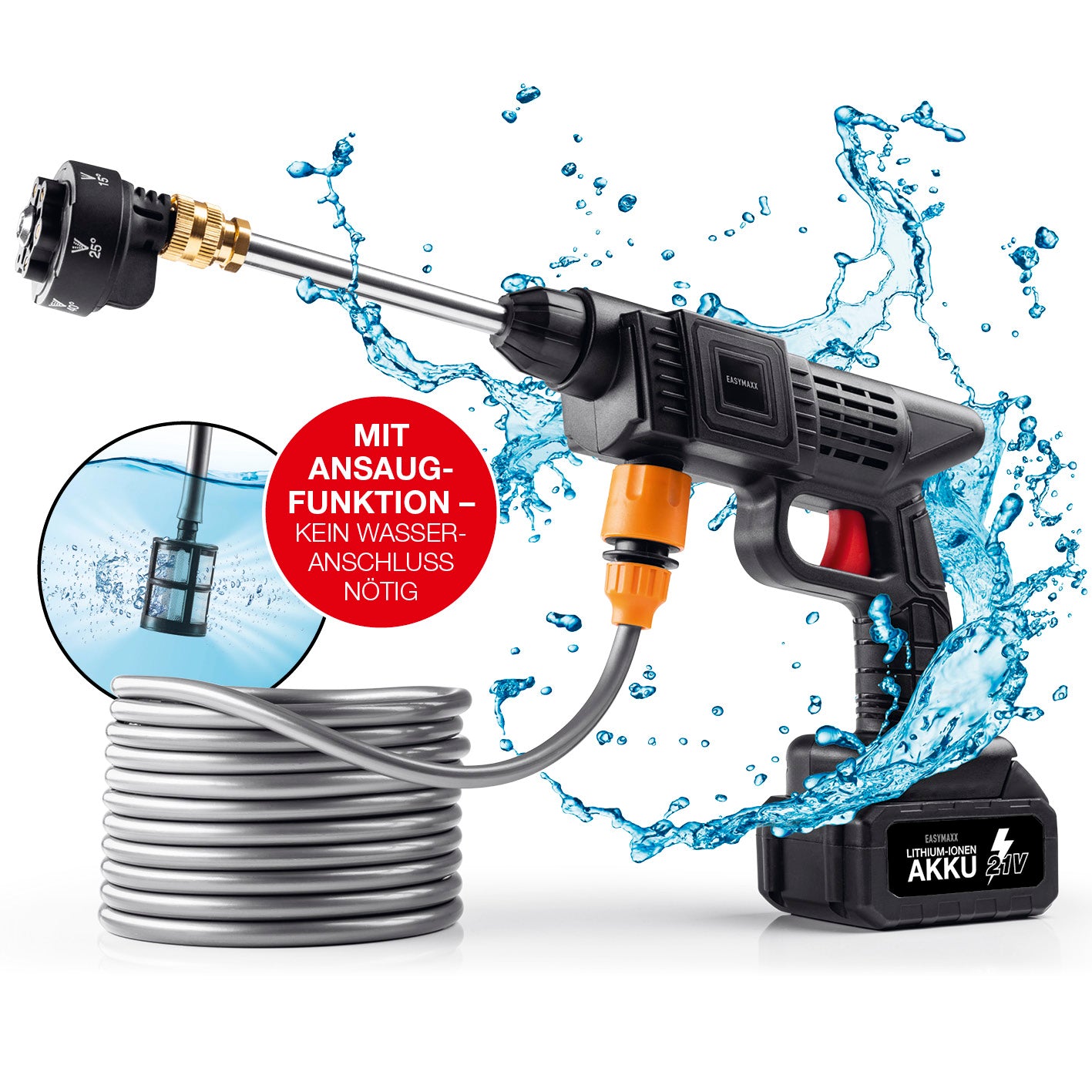 Akku-Hochdruckreiniger mit 3 Düsen und Verlängerung, kabellos, wasseransaugend, Galerie Bild 1 quadratisch 1417x1417px.