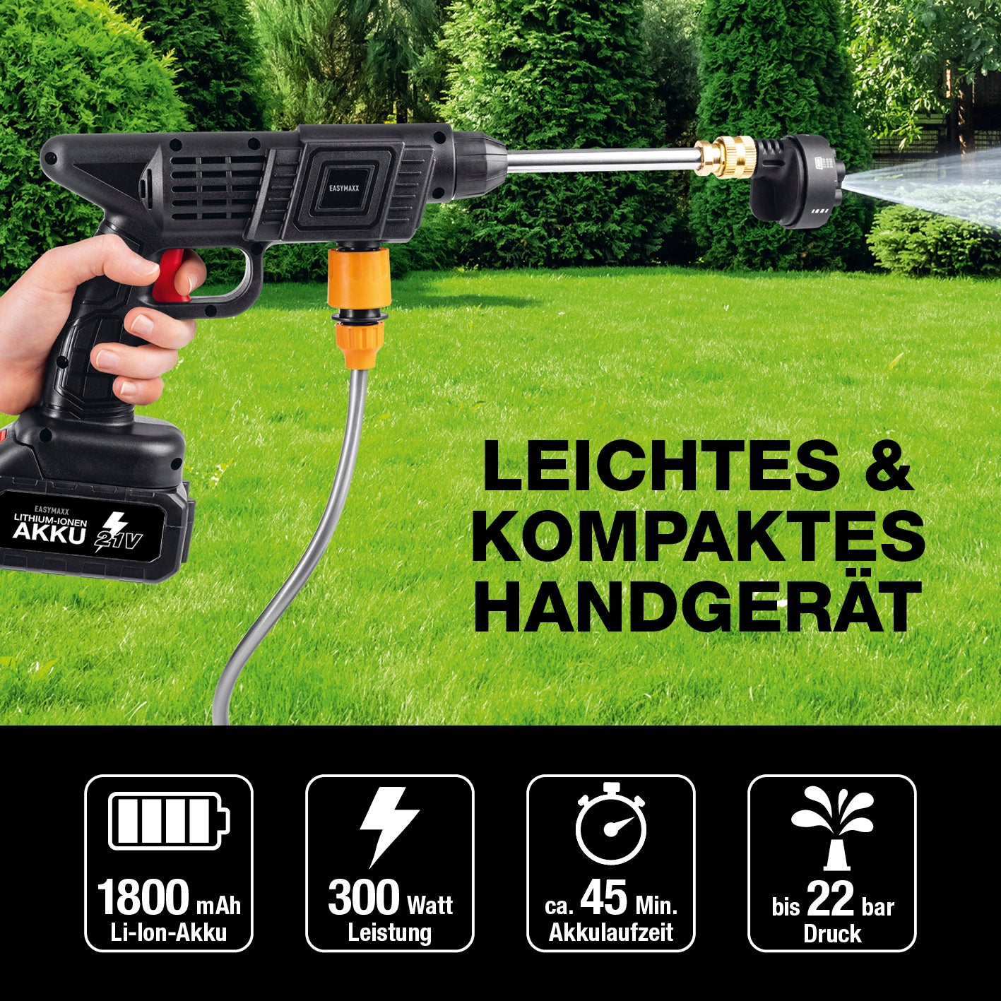 Akku-Hochdruckreiniger im Einsatz mit 3 wechselbaren Düsen, 45 Min Akku und bis 22 bar Druck, quadratisches Bild Galerie 5