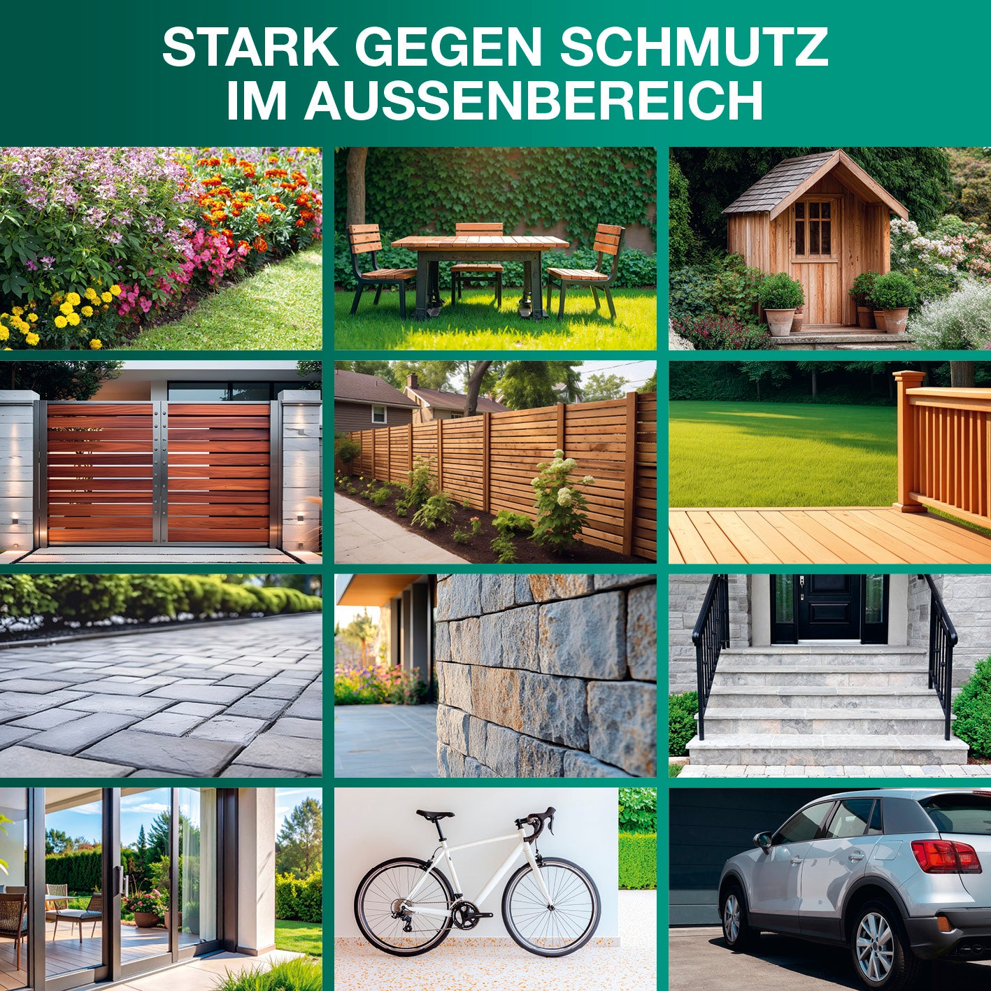 Akku-Hochdruckreiniger Galerie 6 zeigt vielfältige Außenbereiche und Oberflächen zum effektiven Reinigen mit kabellosem Gerät.