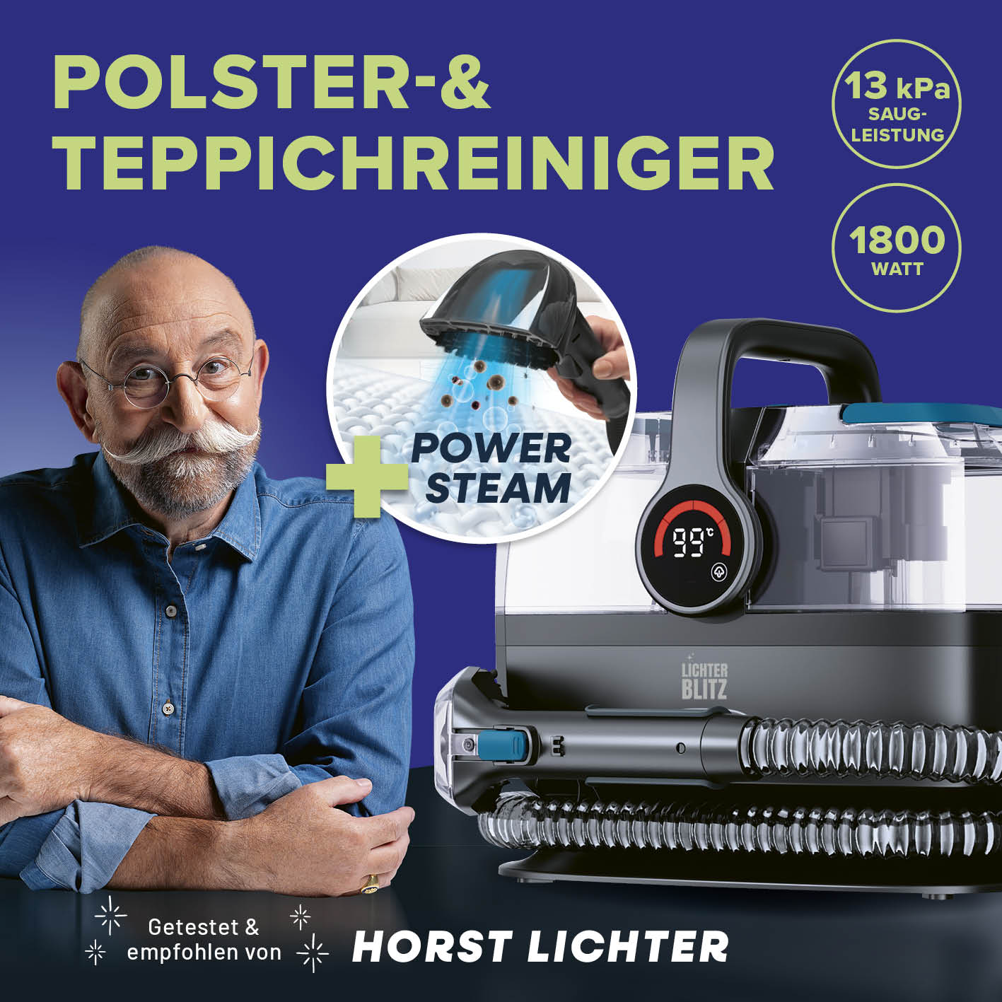 Polster- & Teppichreiniger mit Dampf-Funktion, 13 kPa Saugleistung, 1800 Watt, quadratische Produktgalerie Position 2, 1417x1417 px.