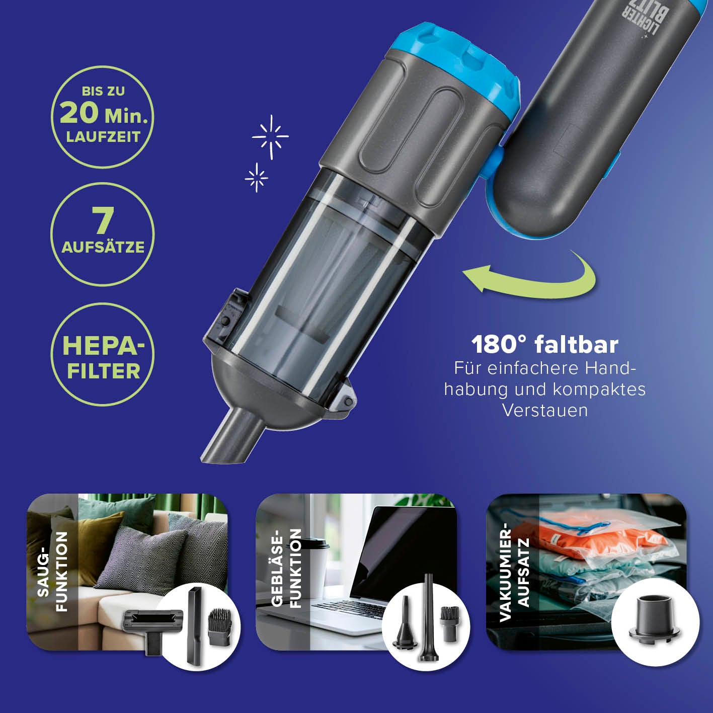 Akku-Handstaubsauger faltbar + 7 Aufsätze, 180° faltbar, HEPA-Filter, bis 20 Min Laufzeit, Galeriebild 4, quadratisch 1417x1417 px