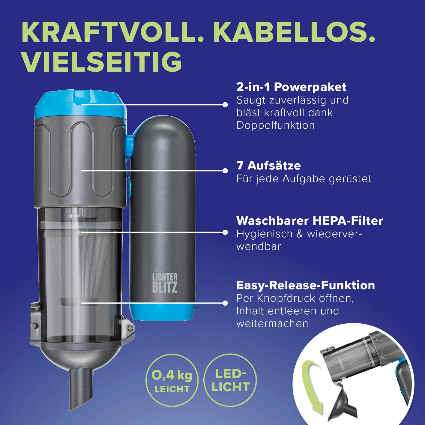 Akku-Handstaubsauger faltbar + 7 Aufsätze, 2in1 Funktion, 7 Aufsätze, waschbarer HEPA-Filter, Easy-Release, LED-Licht, kabellos, 0,4 kg leicht, quadratisch