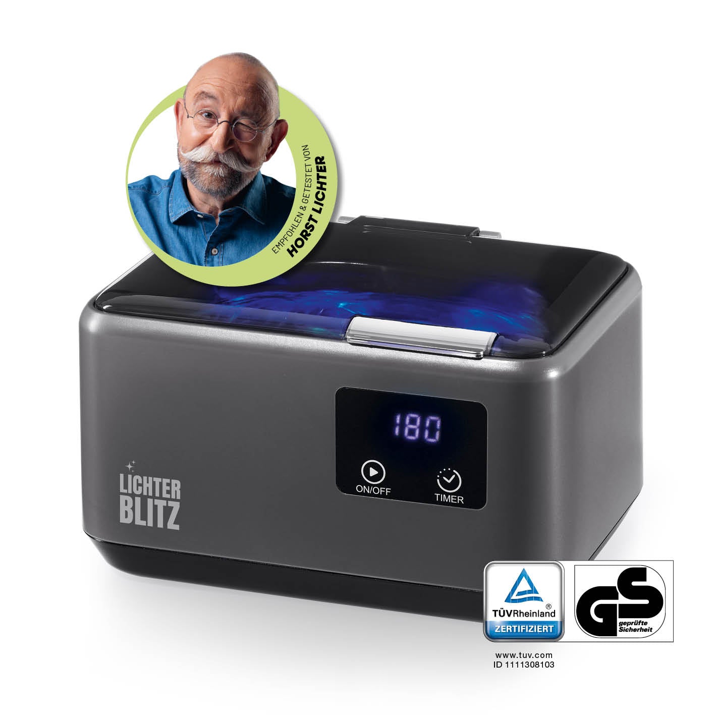 Ultraschallreiniger mit LED-Touchdisplay, Timerfunktion und transparentem Deckel, quadratisch, Bildposition 1, 1417x1417px