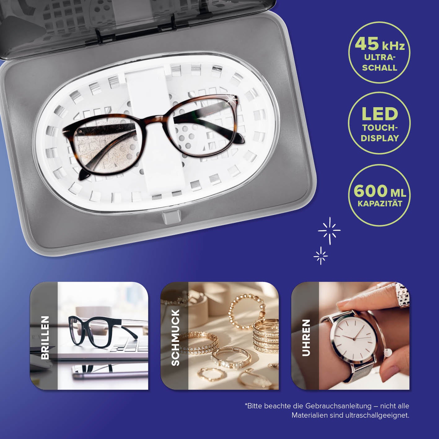 Ultraschallreiniger mit geöffneter Klappe, Brille im Inneren, LED-Display, 1417x1417, Galerieposition 4, quadratisch.