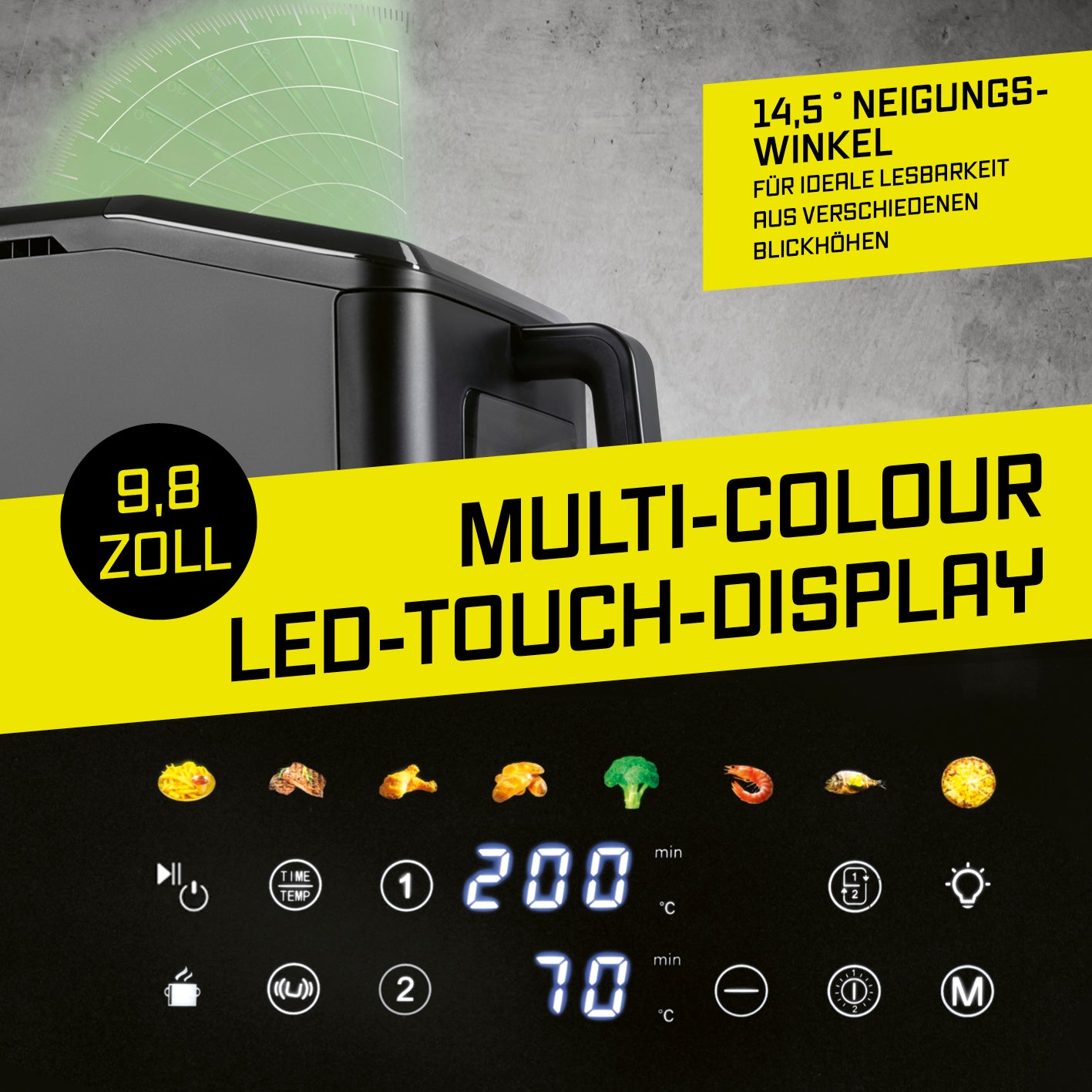 Vertikale Doppelkammer-Heißluftfritteuse mit Sichtfenster - 10 L mit 9,8 Zoll Multi-Colour LED-Touch-Display und 14,5° Neigungswinkel.