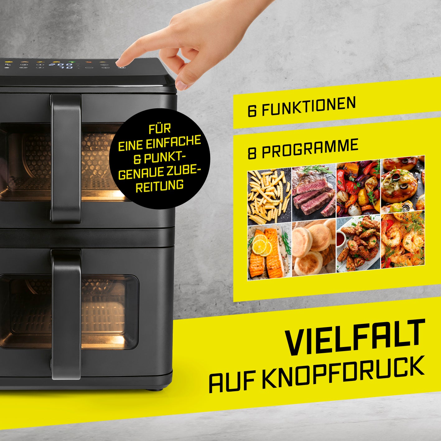 Vertikale Doppelkammer-Heißluftfritteuse mit Sichtfenster - 10 L zeigt vielseitige Programme und einfache Bedienung per Touchdisplay.