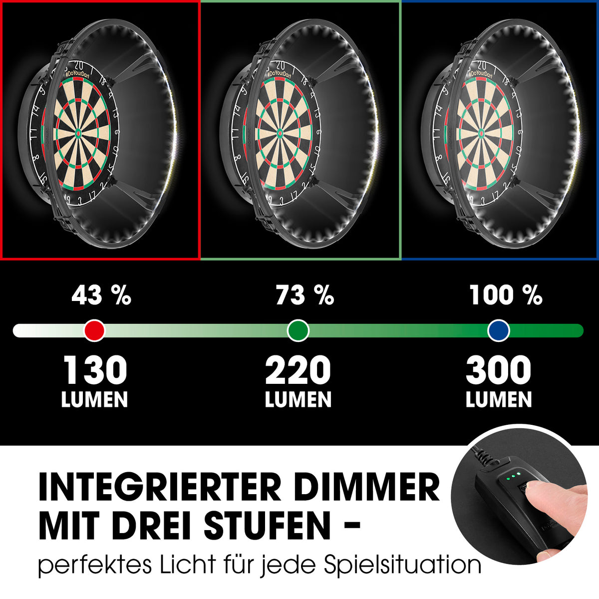 Dartscheibe + Dart-Beleuchtung mit dimmbarem Licht in drei Stufen: 130, 220 und 300 Lumen