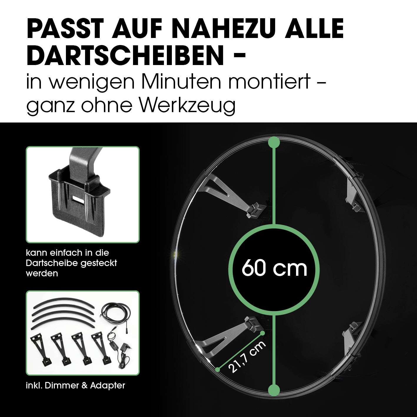 Dartscheiben-Beleuchtung mit 60 cm Durchmesser, einfache Montage ohne Werkzeug, inklusive Dimmer und Adapter für optimale Ausleuchtung.