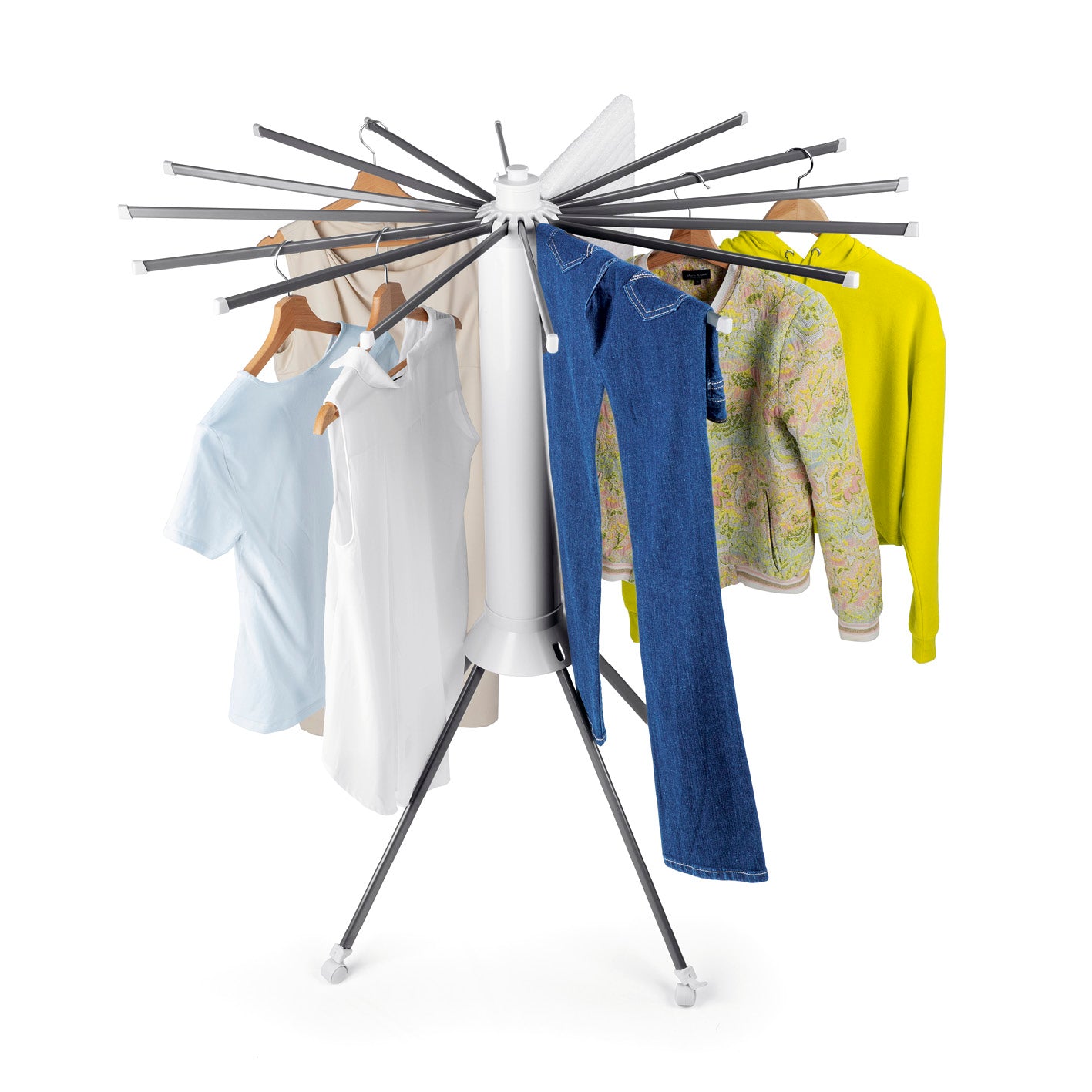 Fächer-Wäscheständer 800 mit 16 ausklappbaren Armen und individuell ausrichtbaren Trockenstangen für flexible Wäschetrocknung.