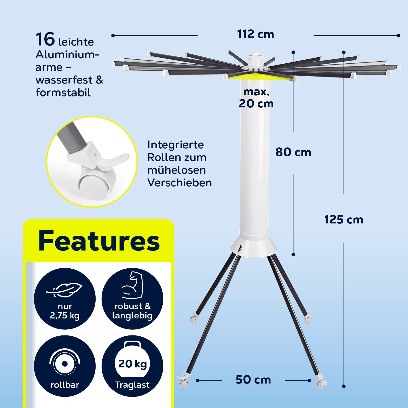 Fächer-Wäscheständer 800 mit 16 Aluminium-Armen, integrierten Rollen und bis zu 20 kg Traglast, platzsparend und robust.