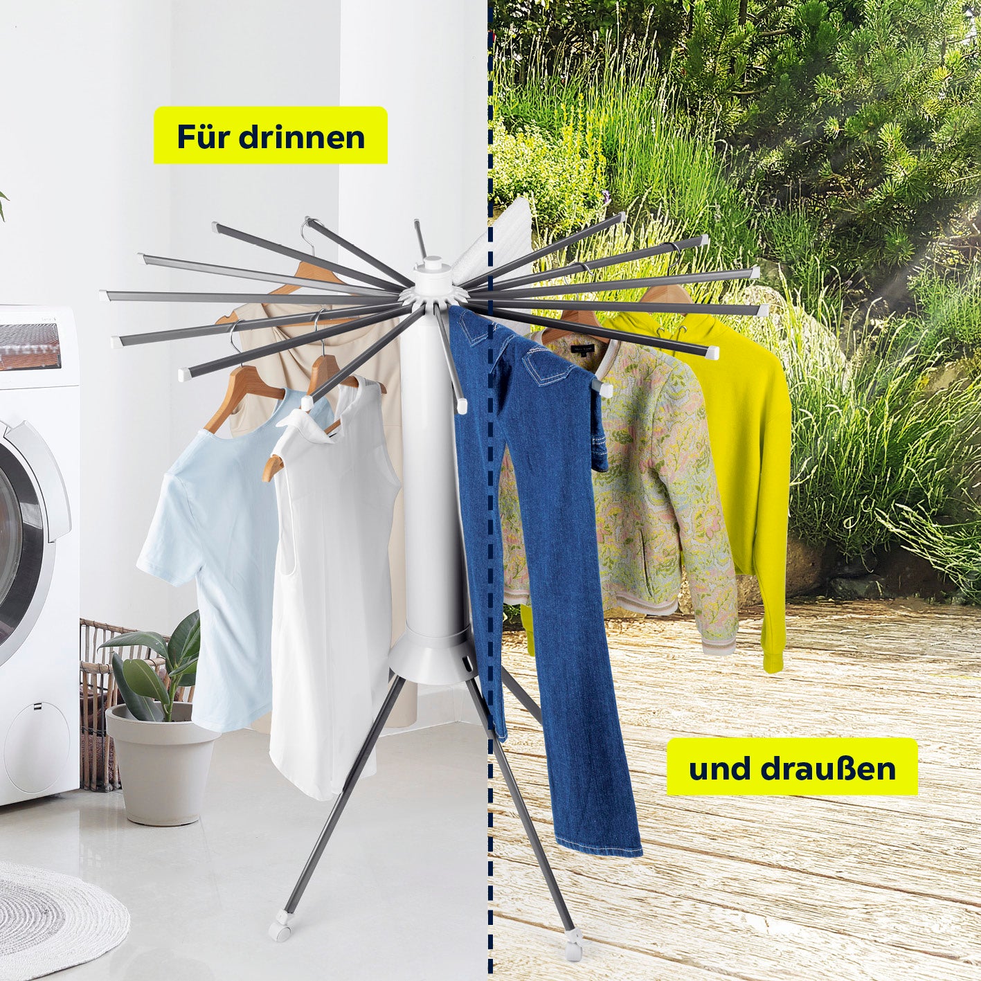 Fächer-Wäscheständer 800 mit 16 ausklappbaren Armen, flexibel für drinnen und draußen, platzsparend und individuell ausrichtbar.