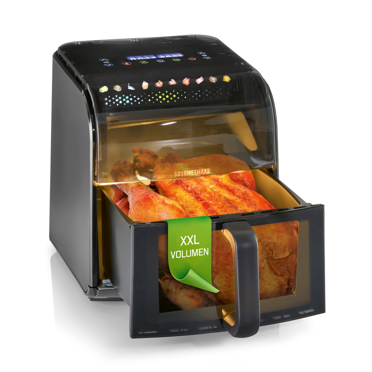 Heißluftfritteuse mit Panoramadach und Frontfenster - 7 l in quadratischer Aufnahme, offen mit XXL Volumen sichtbar.