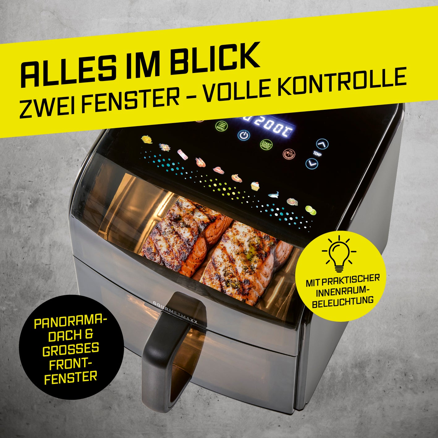 Heißluftfritteuse mit Panoramadach und Frontfenster - 7 l mit Touchscreen und Innenbeleuchtung, Galeriebild 2 quadratisch 1417x1417px