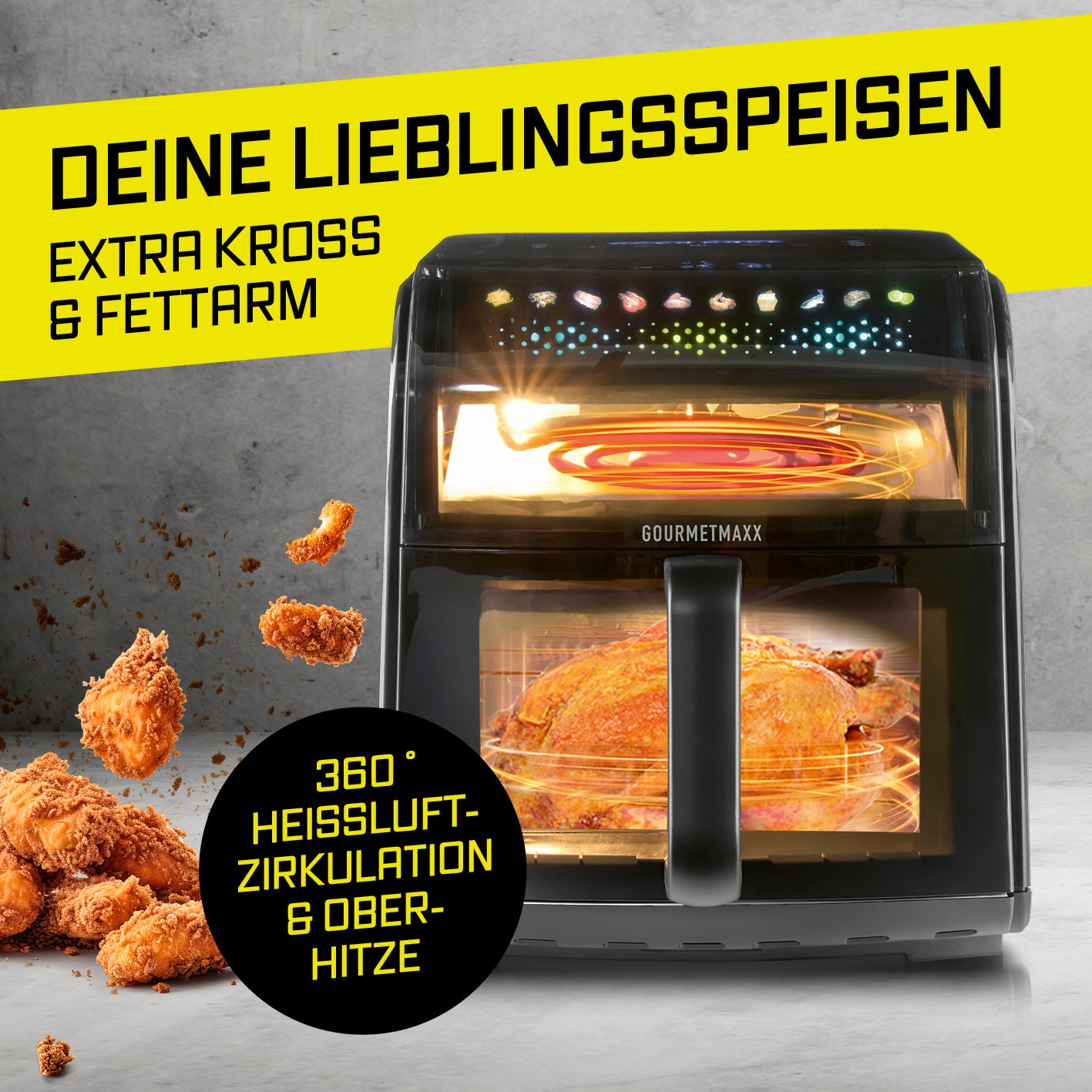 Heißluftfritteuse mit Panoramadach und Frontfenster - 7 l, Bild 3 zeigt Innenbeleuchtung und gebratenes Hühnchen im Sichtfenster