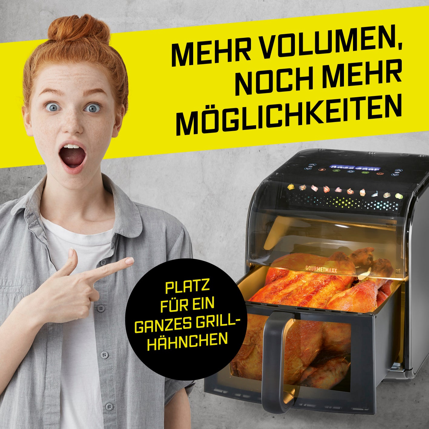 Heißluftfritteuse mit Panoramadach und Frontfenster - 7 l zeigt Grillhähnchen, Galerieposition 4 quadratisch 1417x1417px