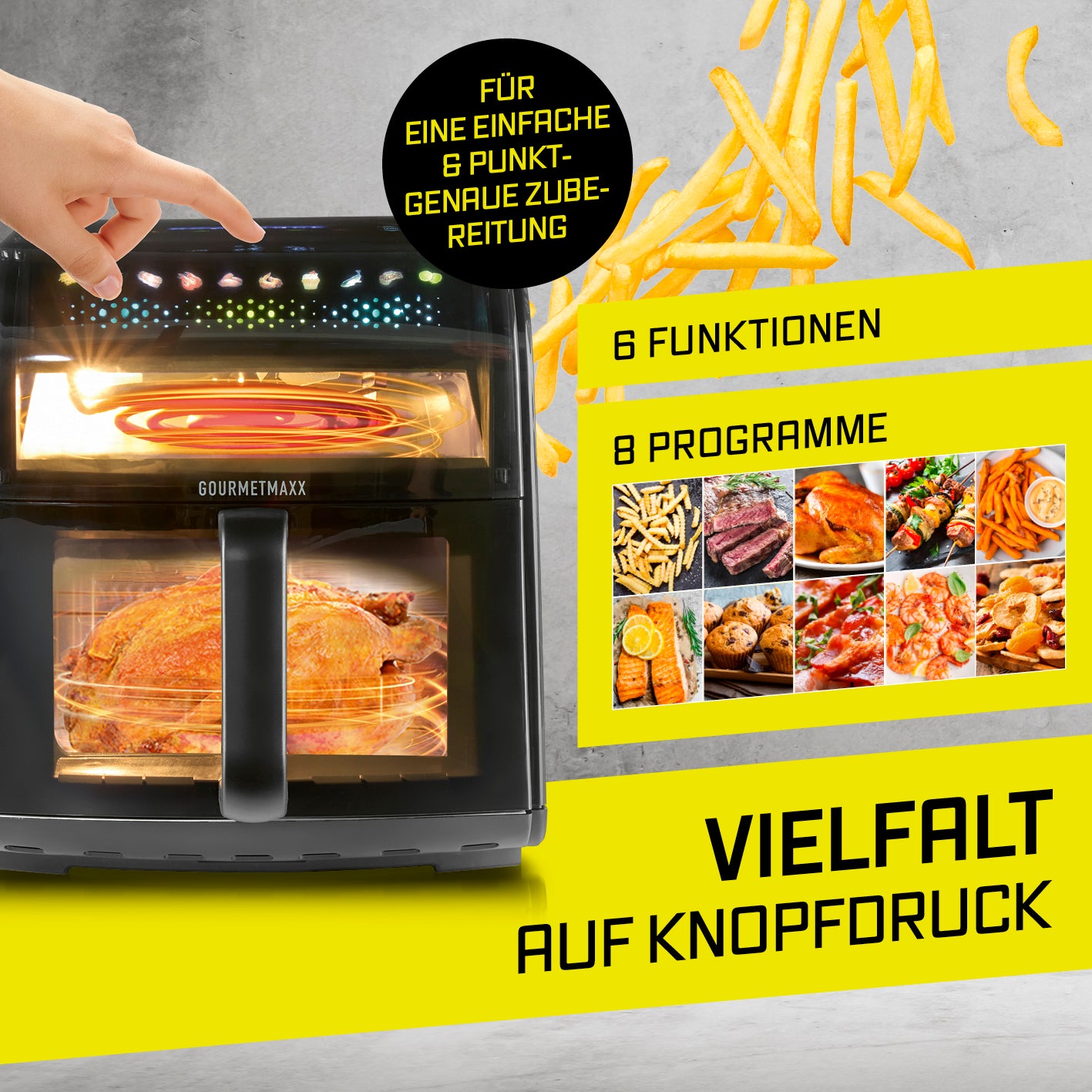 Heißluftfritteuse mit Panoramadach und Frontfenster - 7 l zeigt Bedienfeld mit 6 Funktionen und 8 Programmen in quadratischem Bild.