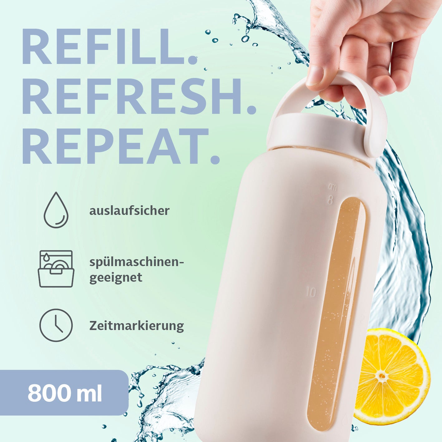 Glas-Trinkflasche – Creme 800 ml mit Zeitskala, auslaufsicher und spülmaschinengeeignet, handliche Tragegriffe, modernes Design.