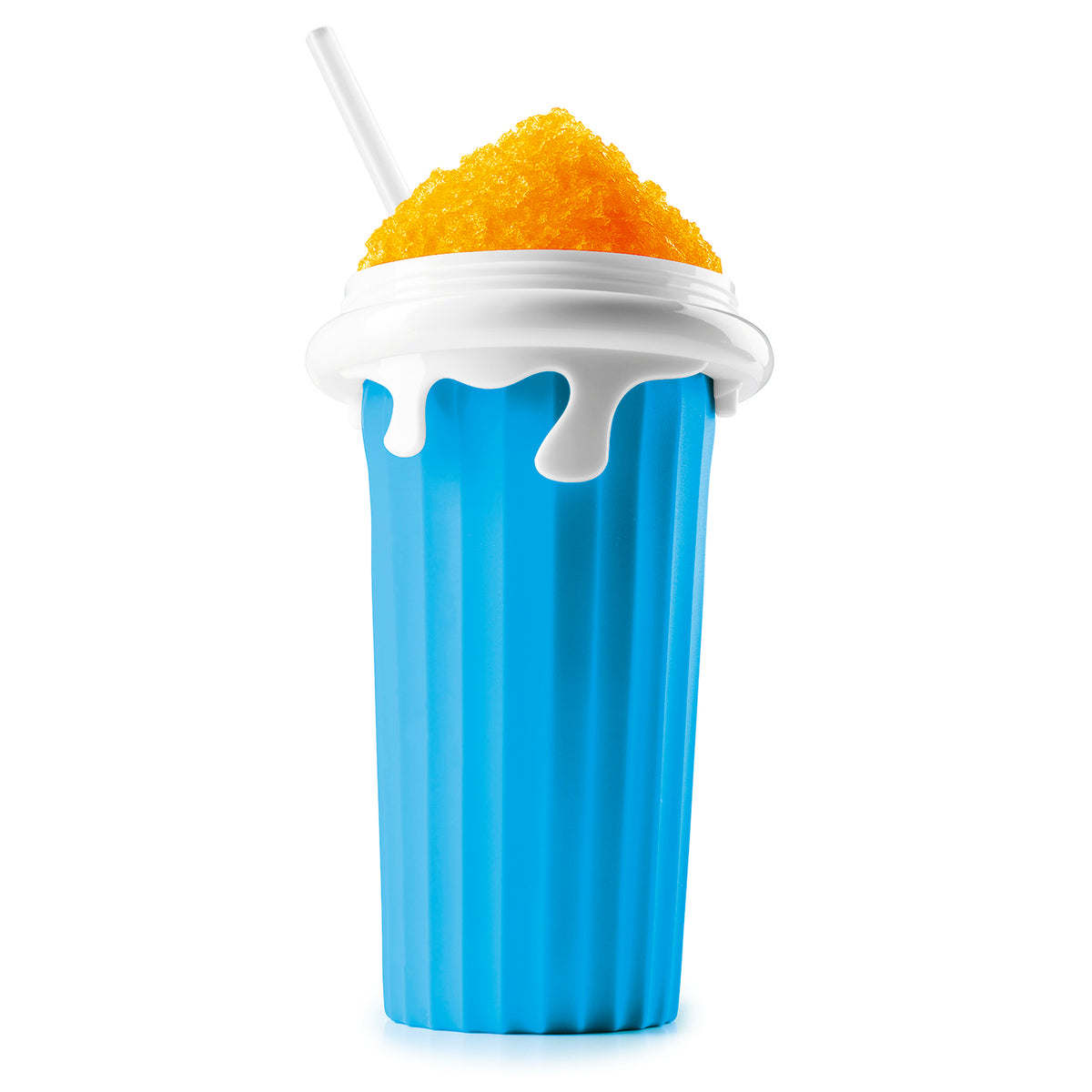 FreezeUp Slushy Cup - Blau/Weiß mit blauem Becher und weißem Deckel mit Strohhalm und Orangensorbet