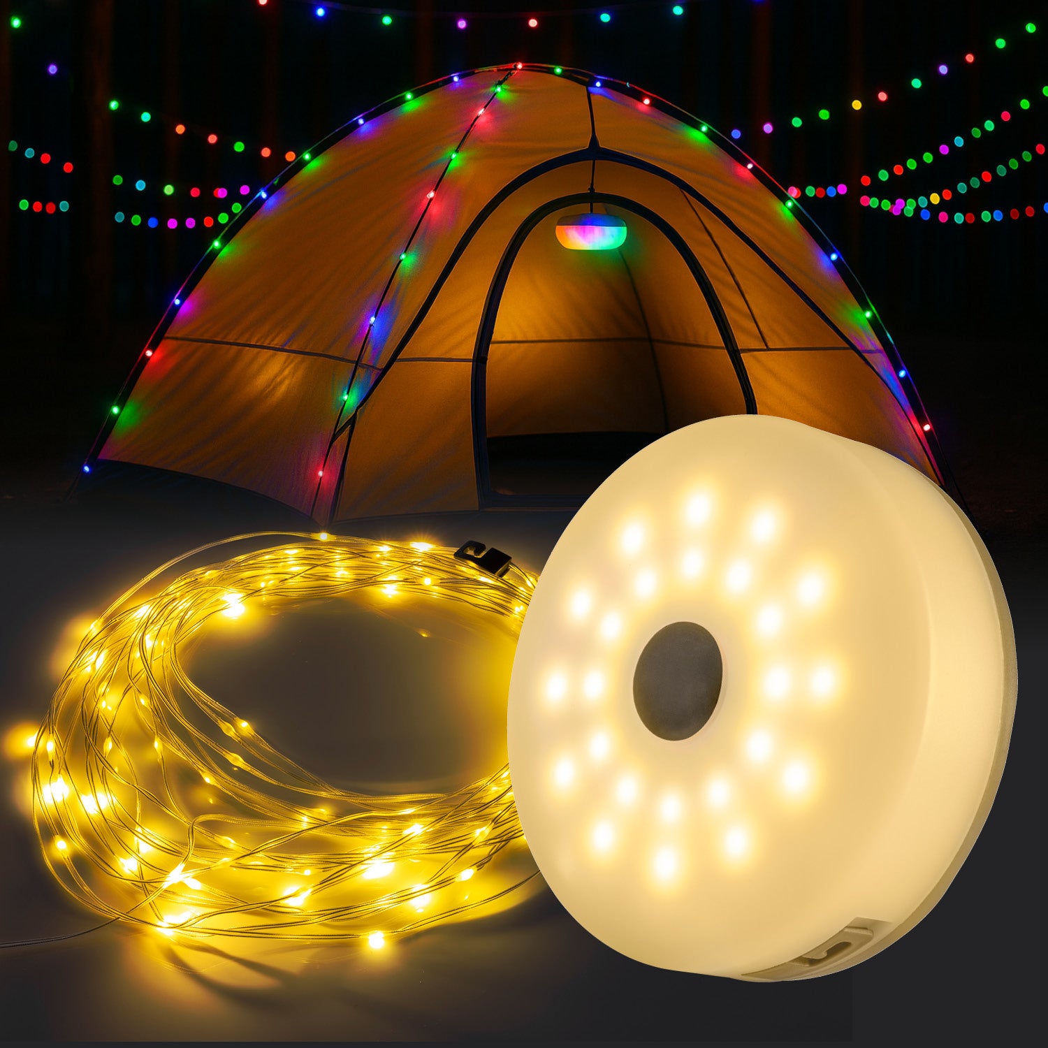 2in1-Outdoor-Beleuchtung - Lampe & Lichterkette in einem beleuchtet Zelt und Umgebung mit warmem Licht bei Nacht.