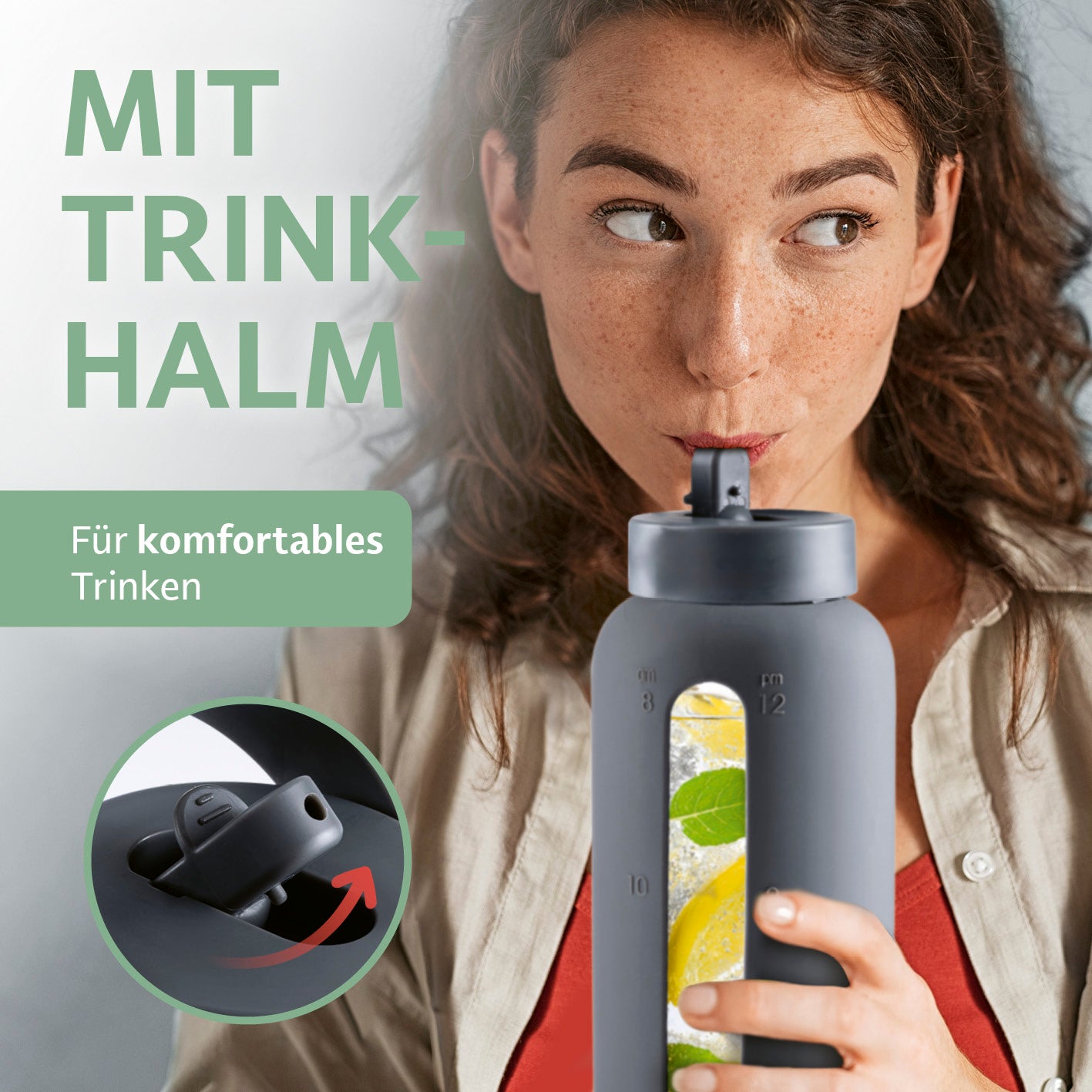 Glas-Trinkflasche – Anthrazit mit praktischem Trinkhalm und Zeitmarkierungen für komfortables Trinken unterwegs und im Alltag.