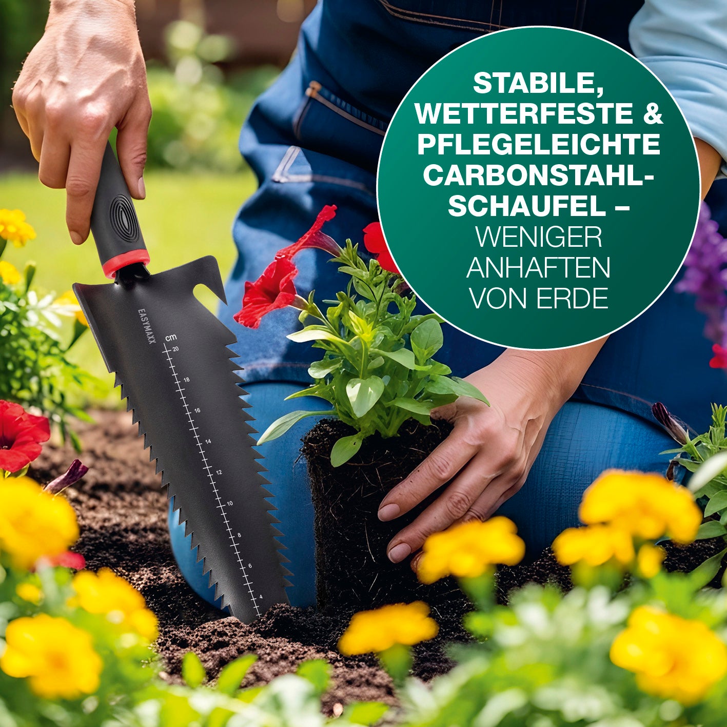 Schaufel mit Wurzelsäge - Schwarz/Rot beim Einpflanzen von Blumen im Garten mit leichter Handhabung und stabilem Carbonstahlblatt.