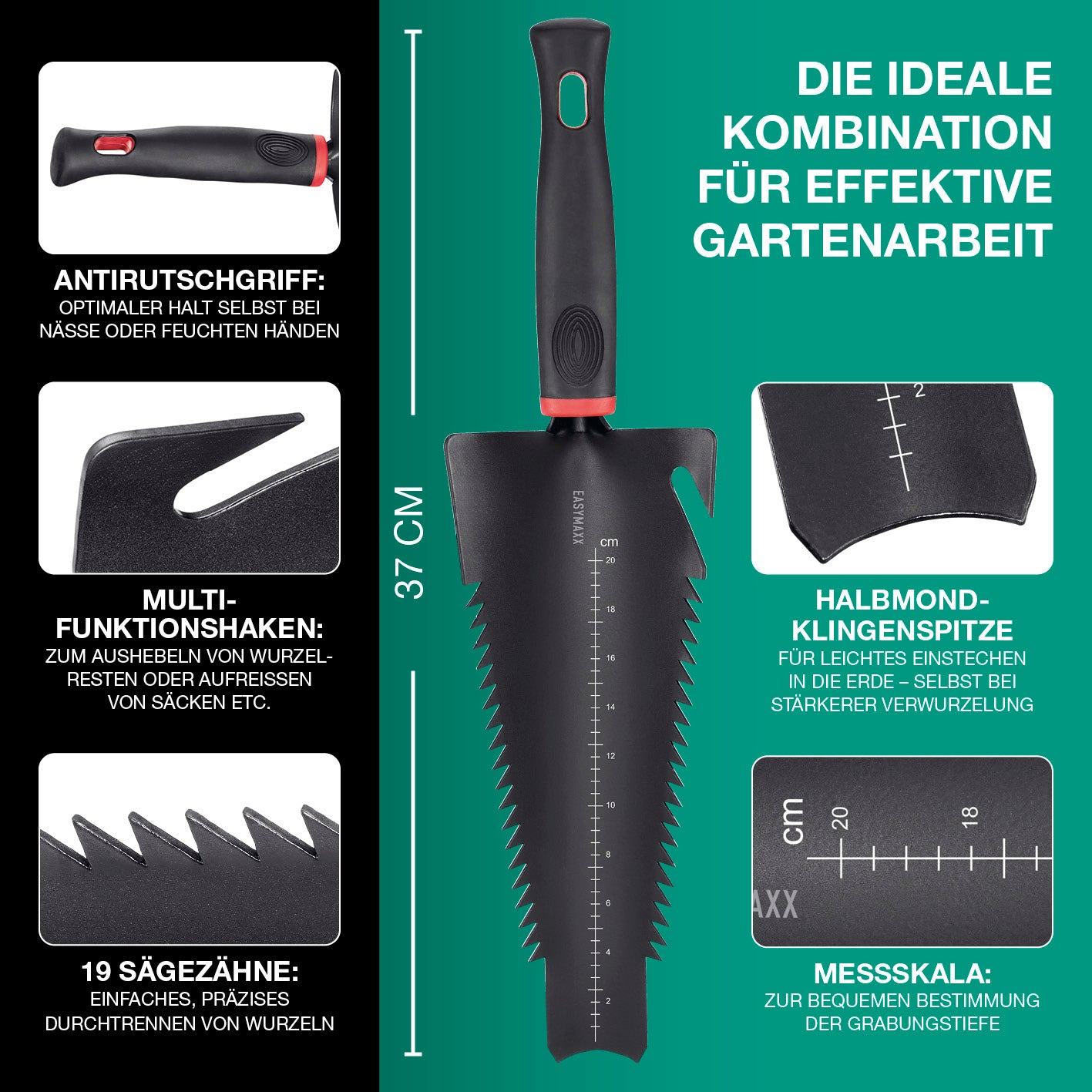 Schaufel mit Wurzelsäge - Schwarz/Rot mit Anti-Rutsch-Griff, Sägezähnen, Multifunktionshaken und Messskala für Gartenarbeit.
