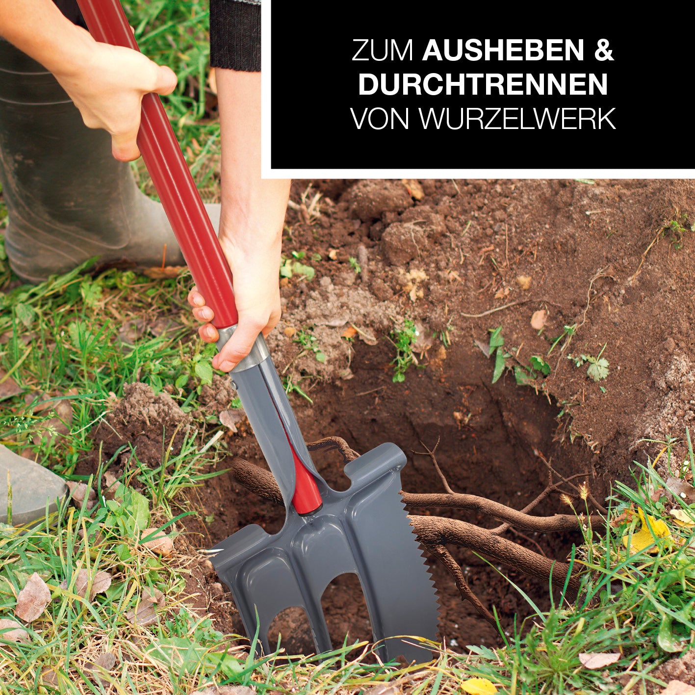 Person nutzt Spatengabel mit Wurzelsäge zum Ausheben und Durchtrennen von Wurzelwerk im Gartenboden.