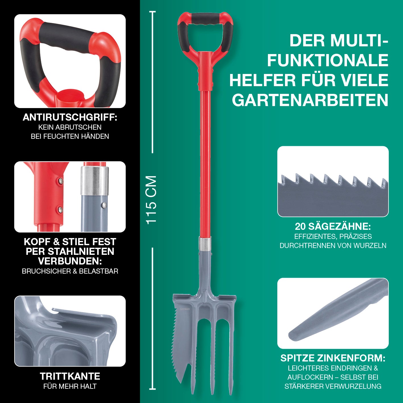 Spatengabel mit Wurzelsäge, stabiler Griff, 20 scharfe Sägezähne, robustes Material, ideal zum Auflockern und Wurzelschneiden.