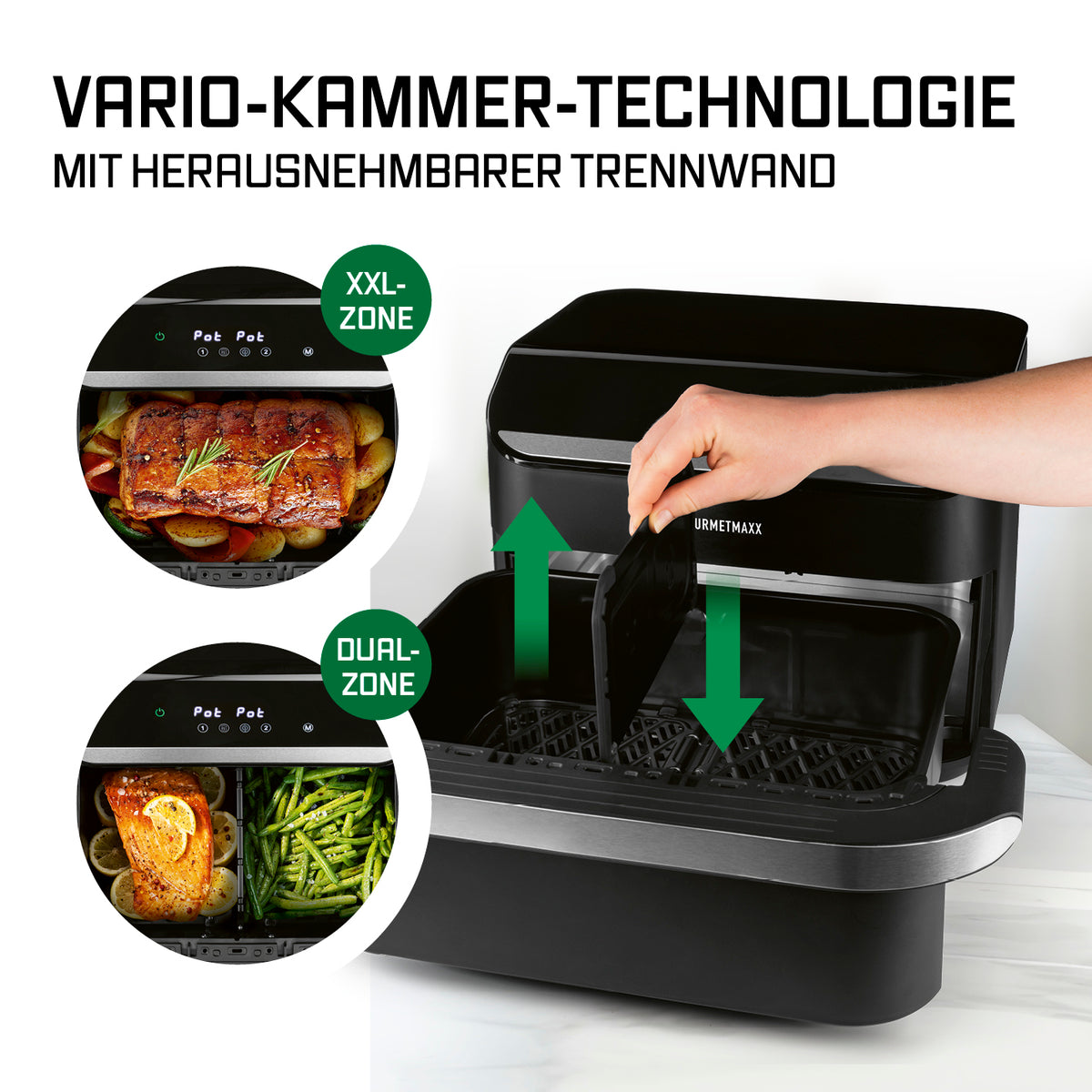 Infografik zur Vario-Kammer-Heißluftfritteuse - 10 Liter (2 x 5 Liter) mit herausnehmbarer Trennwand für XXL- oder Dual-Zone
