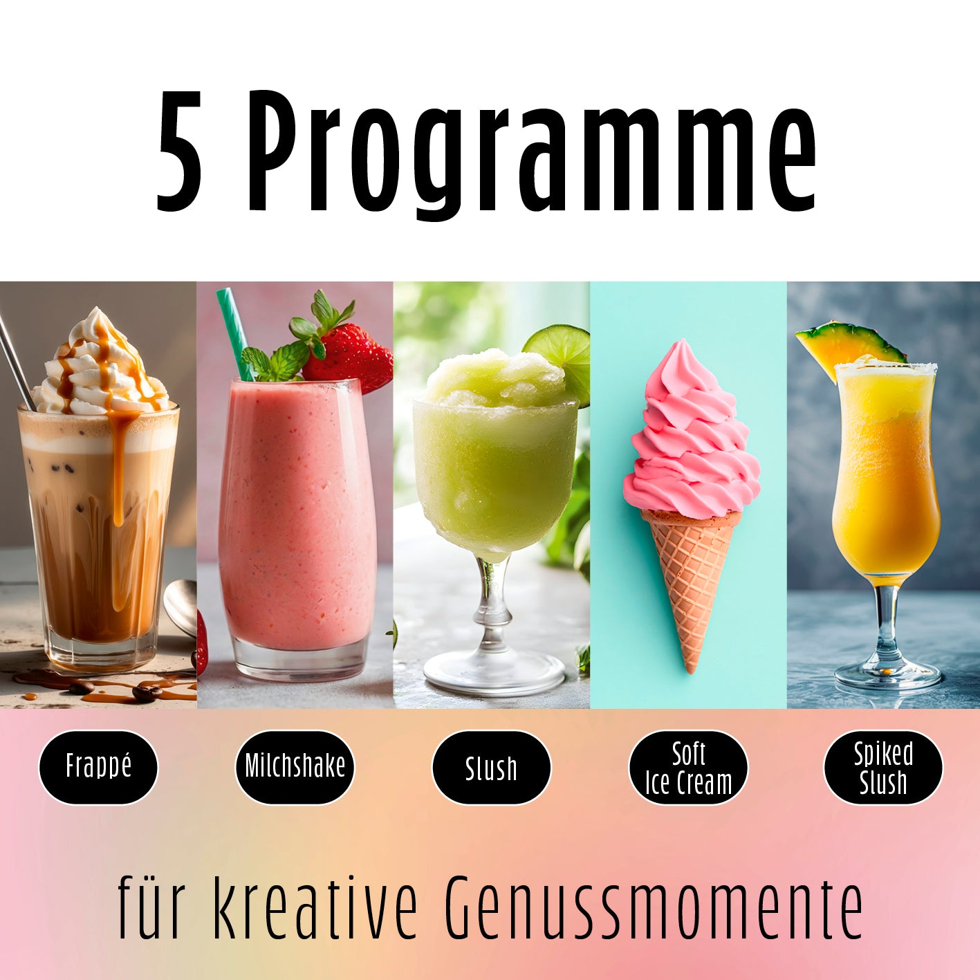 Slush Eis Maschine FreezeUp zeigt 5 Programme für Frappé, Milchshake, Slush, Soft Ice Cream und Spiked Slush.