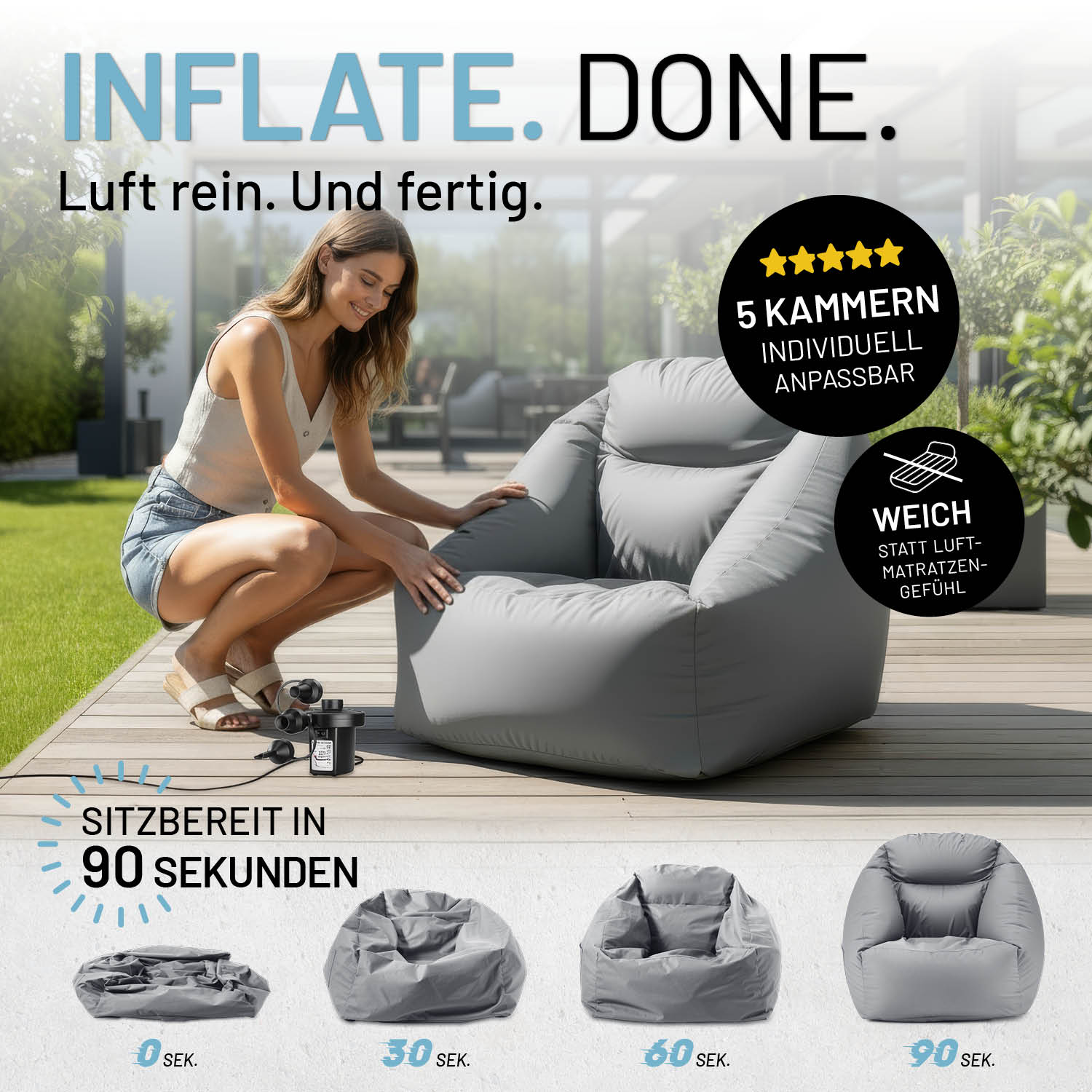 Frau bläst CrozyAir Luftsessel - 87 x 95 x 80/35 cm - Grau auf, weicher Sitzsessel mit 5 Kammern, schnell einsatzbereit.