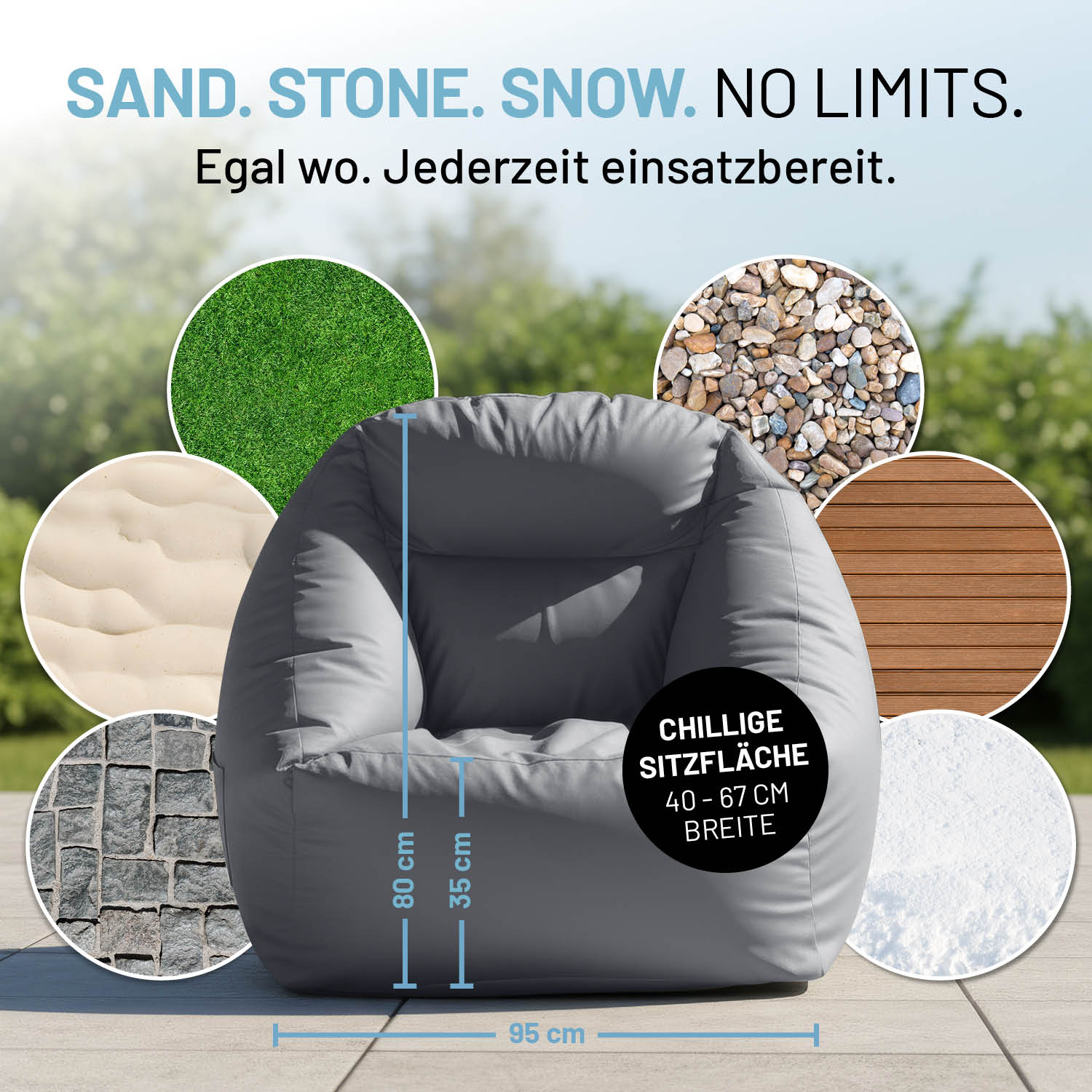CrozyAir Luftsessel - 87 x 95 x 80/35 cm - Grau, gemütlicher Sitzsessel für innen und außen auf verschiedenen Untergründen.