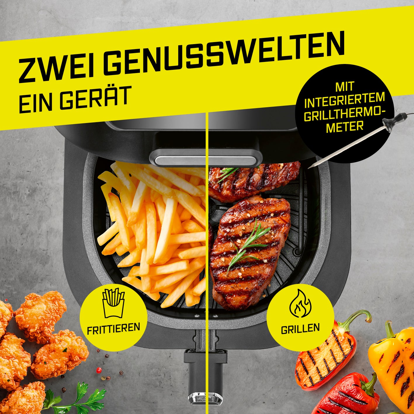 Heißluftfritteuse FryBBQ - 5 Liter zeigt Frittier- und Grillbereich mit integriertem Grillthermometer für vielseitiges Kochen.
