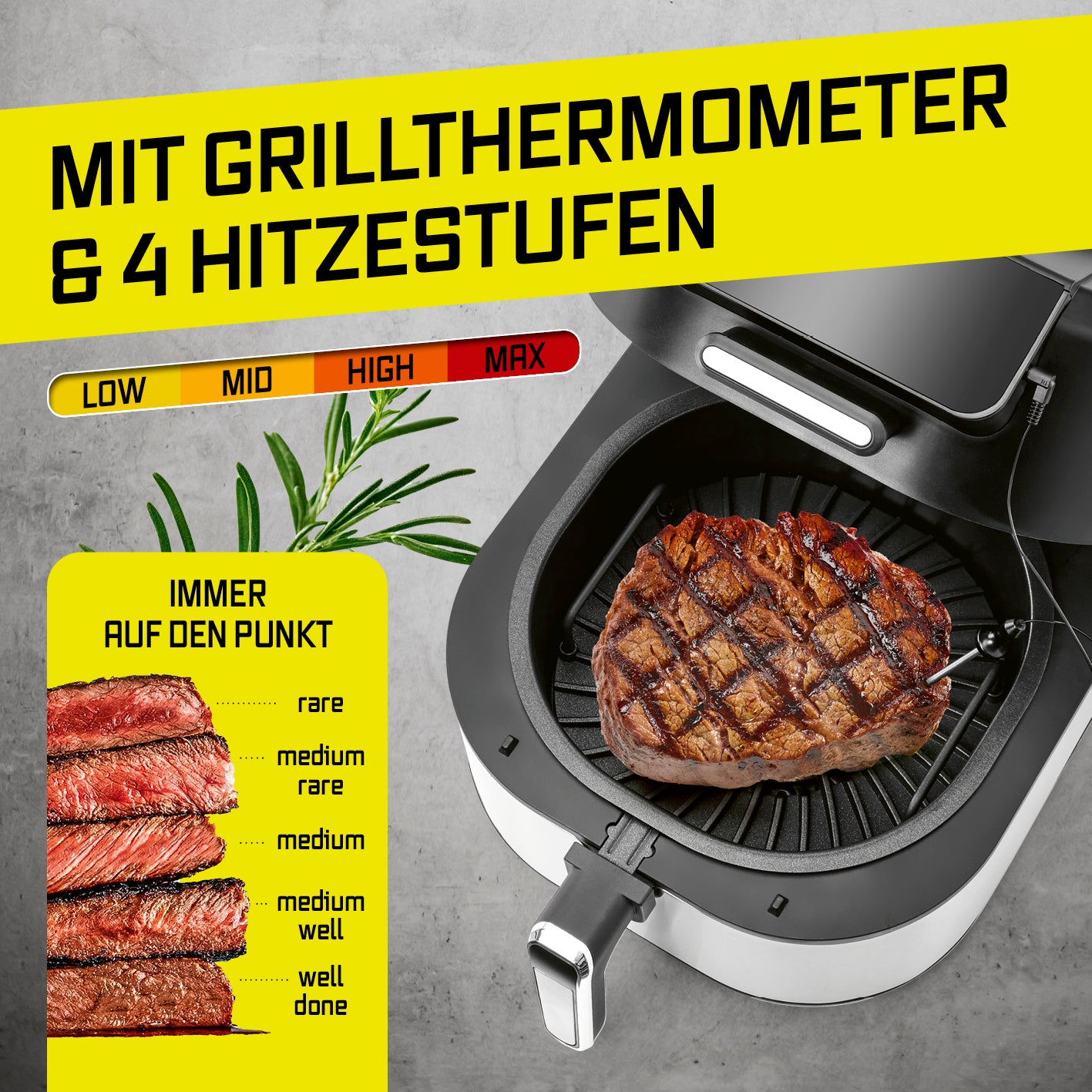 Heißluftfritteuse FryBBQ - 5 Liter mit Grillthermometer und 4 Hitzestufen für perfektes Grillen und Grillbrandings.